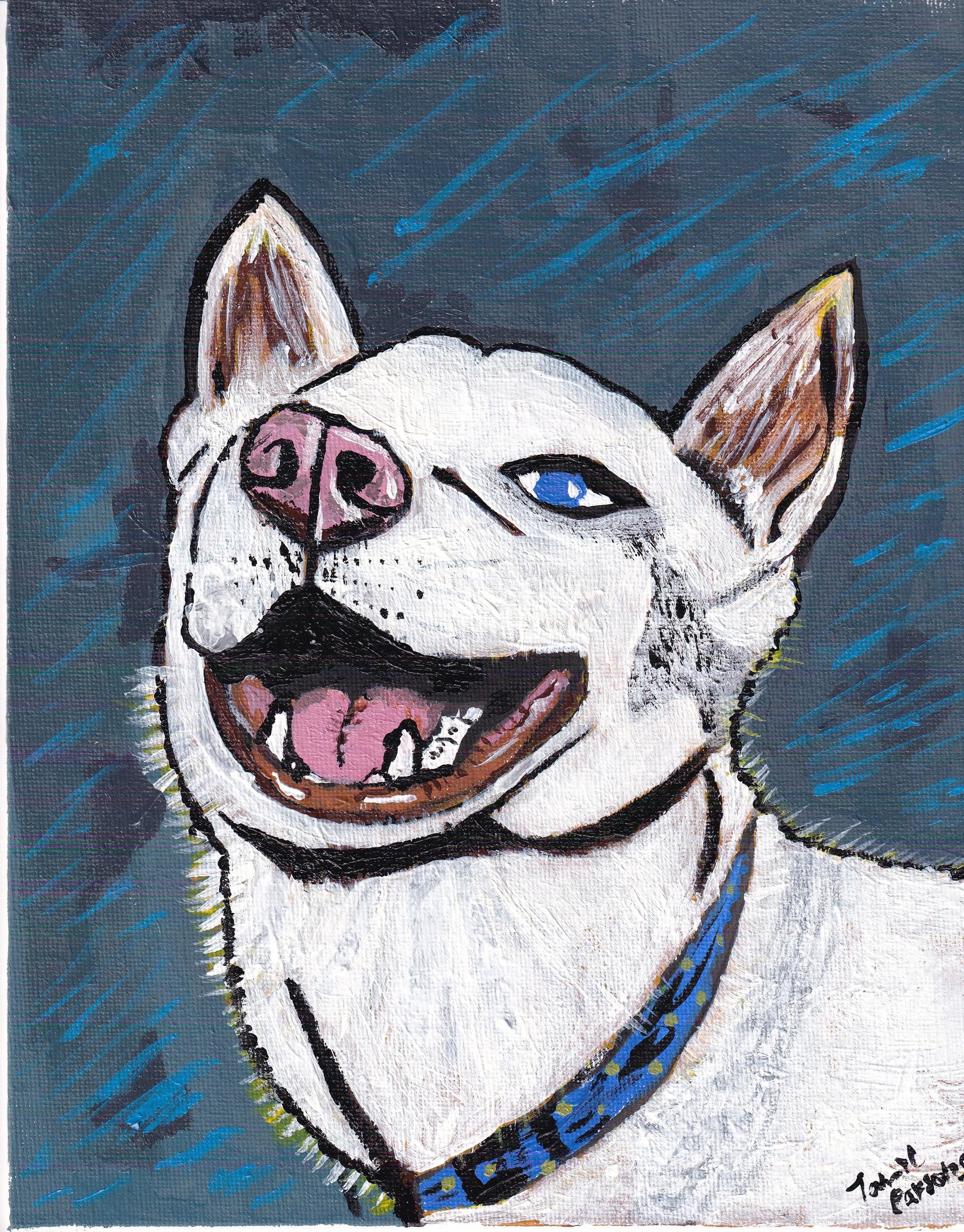 Nico Soul Dog Original Grunge Art Print - GrungePup Original Artwork
Alt Text: Emotional one-eyed Husky mix portrait of Nico the soul dog in grunge style, memorial digital art from GrungePup Gallery