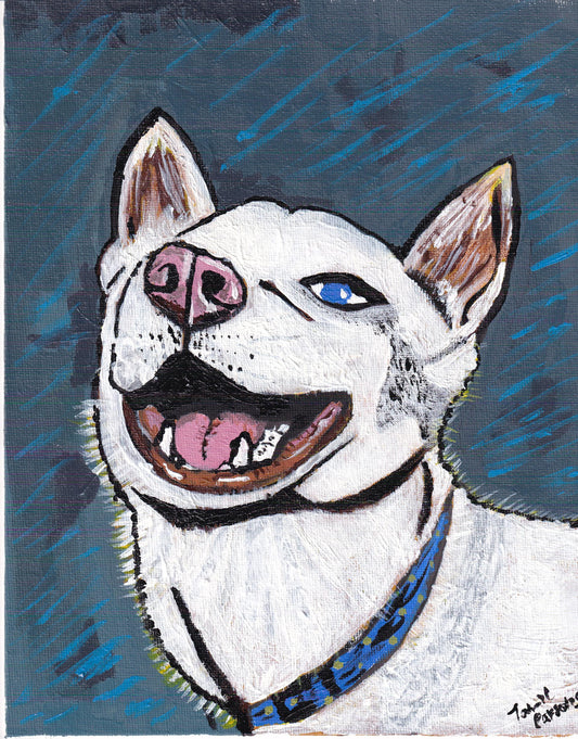 Nico Soul Dog Original Grunge Art Print - GrungePup Original Artwork
Alt Text: Emotional one-eyed Husky mix portrait of Nico the soul dog in grunge style, memorial digital art from GrungePup Gallery