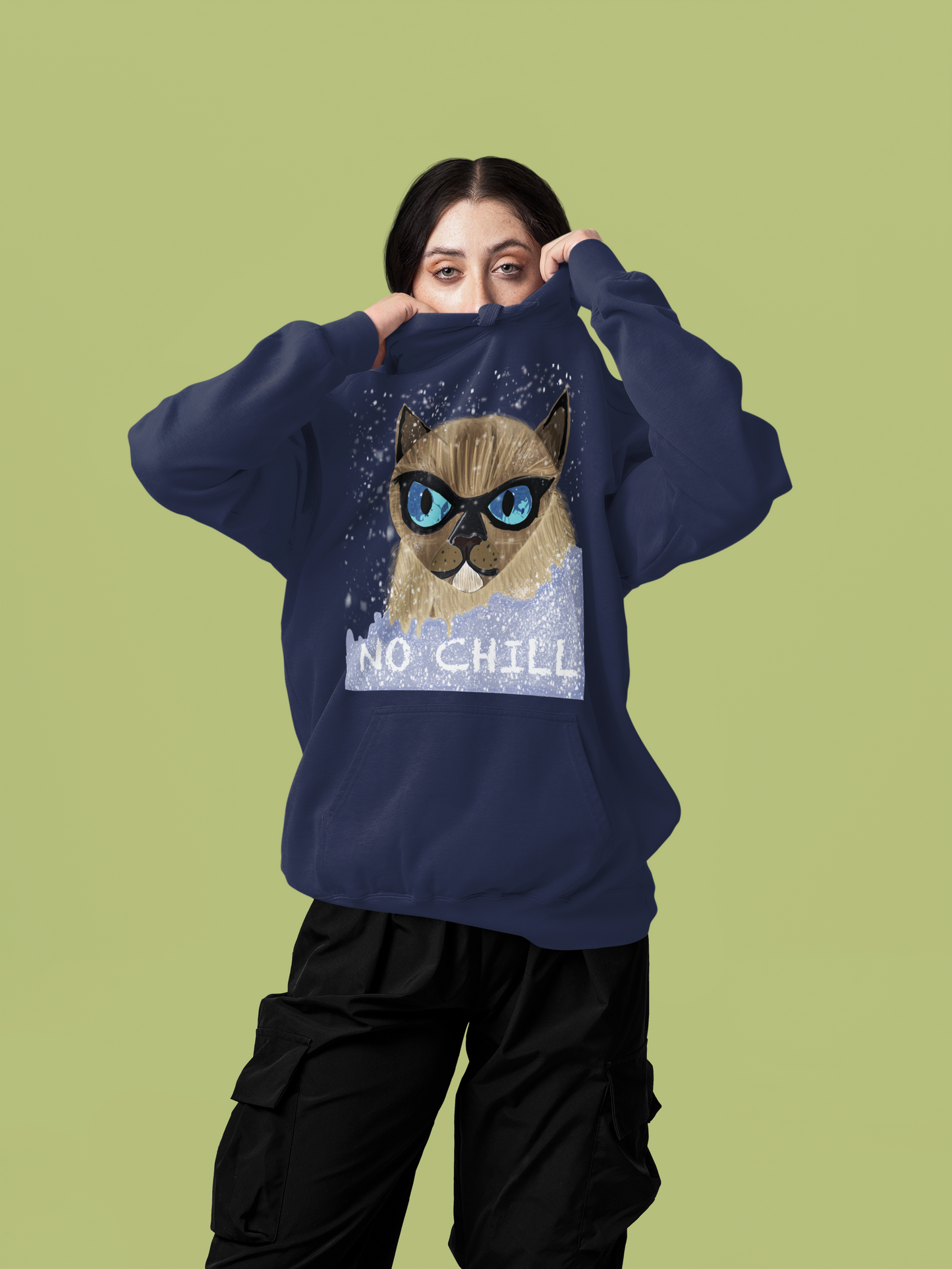 Woman pulling hood up while wearing true navy No Chill Cat hoodie