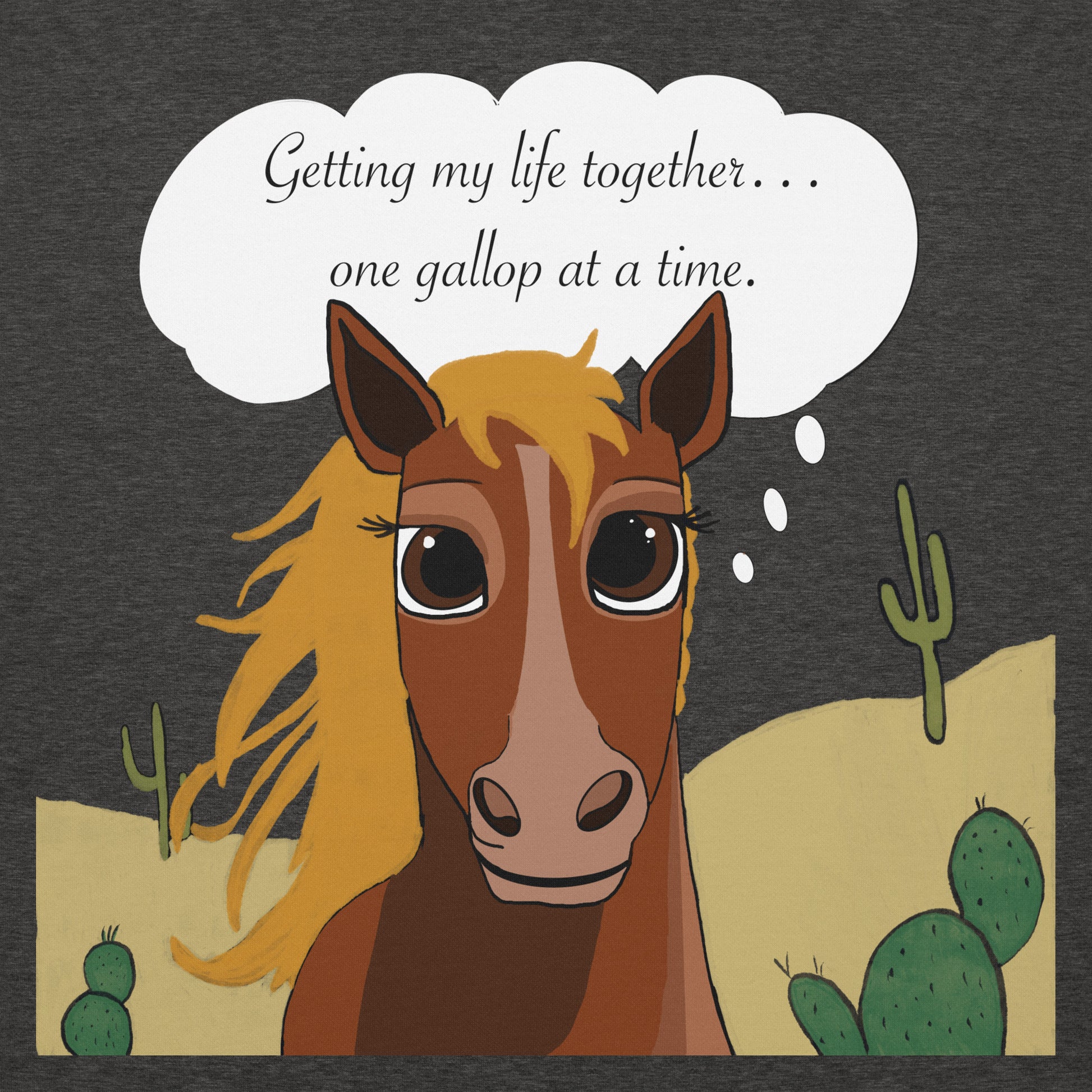 Close-up of the horse design and text on the charcoal heather One Gallop at a Time hoodie
