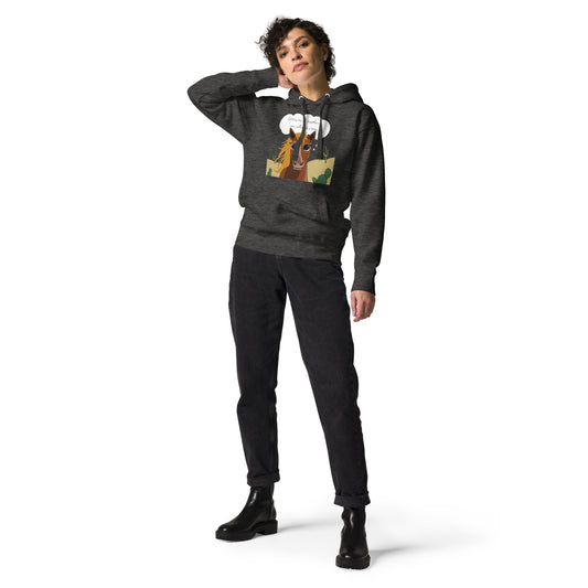 Woman standing and posing while wearing charcoal heather One Gallop at a Time hoodie