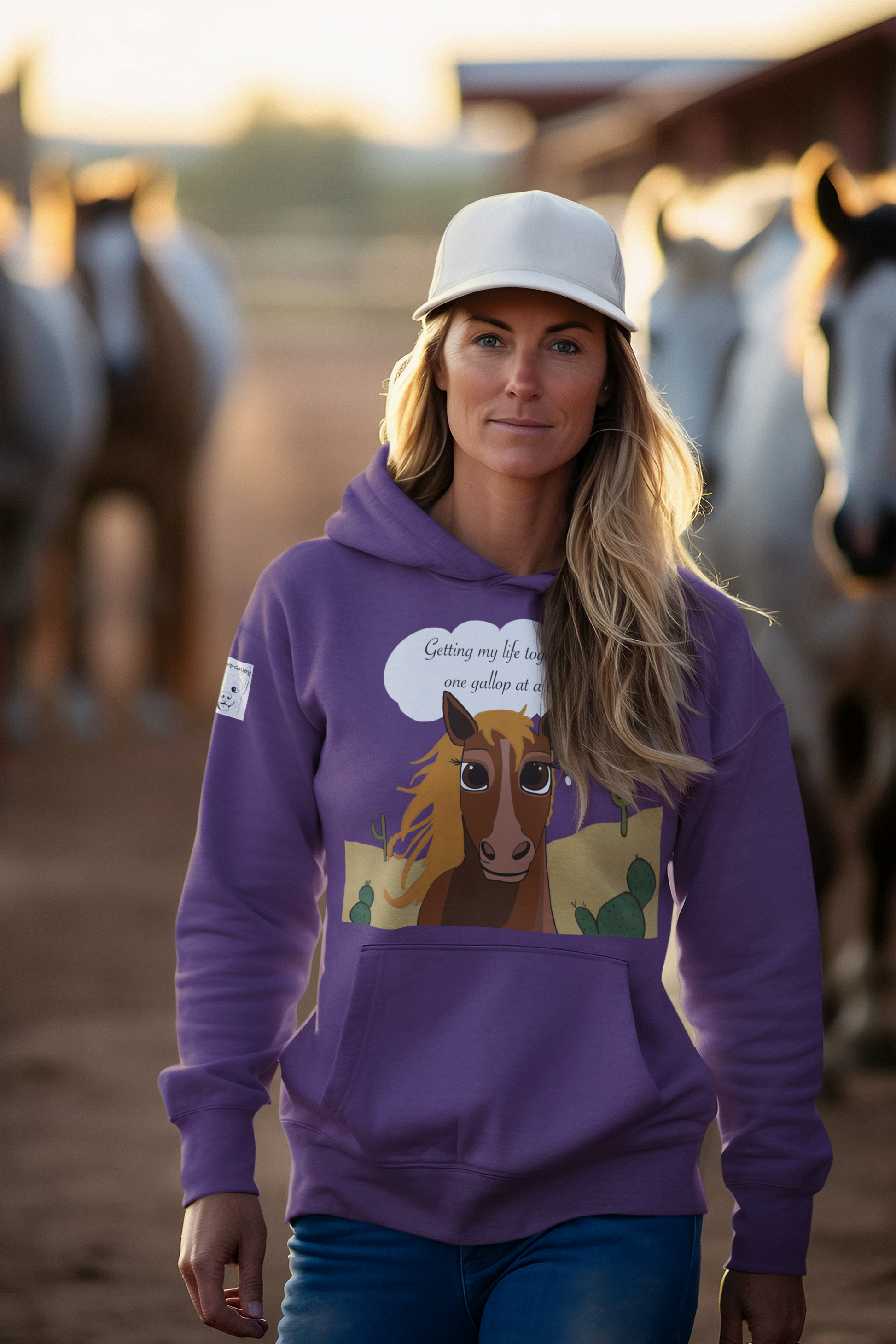 Woman wearing purple One Gallop at a Time hoodie and white baseball cap standing outdoors