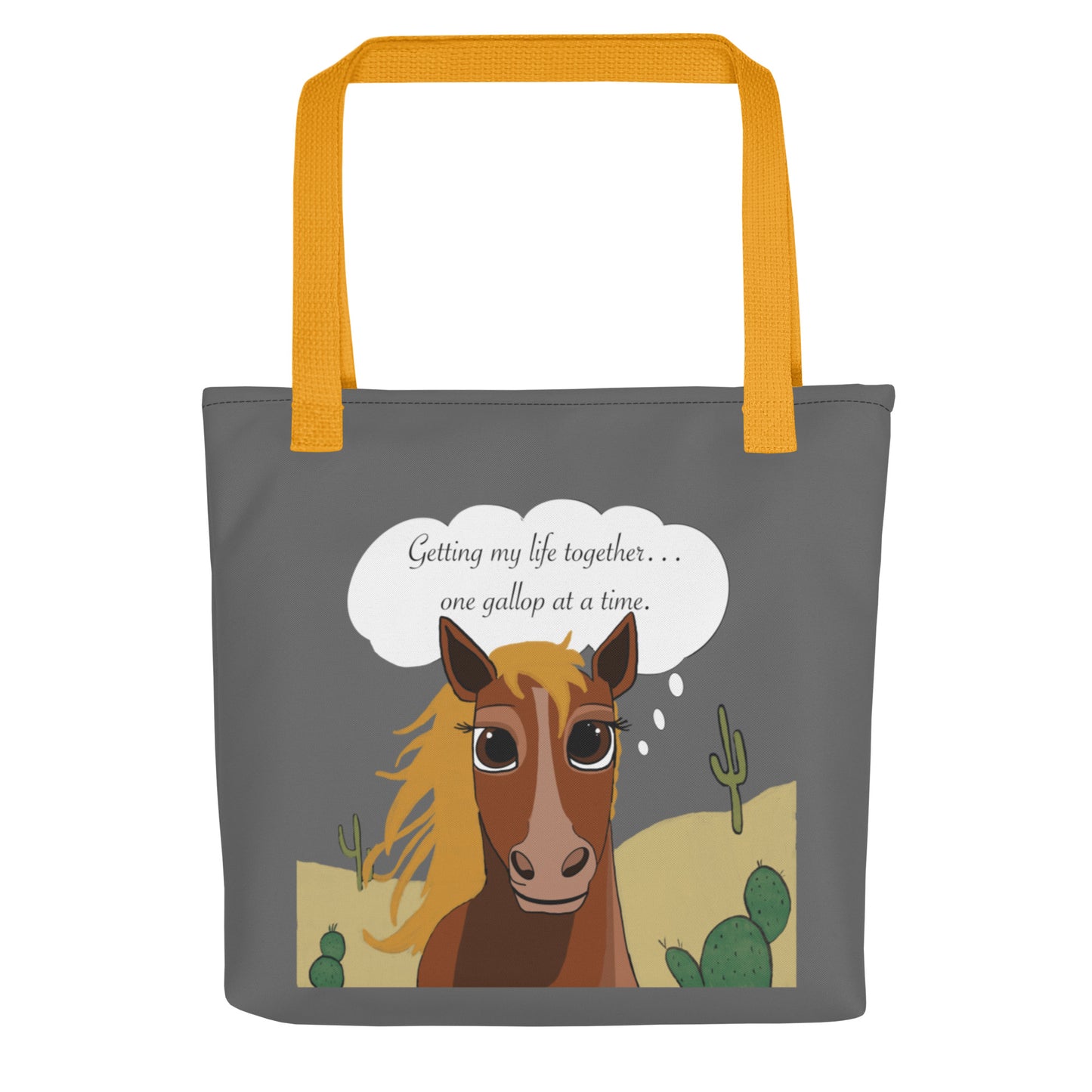Gray all-over print tote bag with yellow straps showing cartoon horse and "Getting my life together... one gallop at a time" design on front