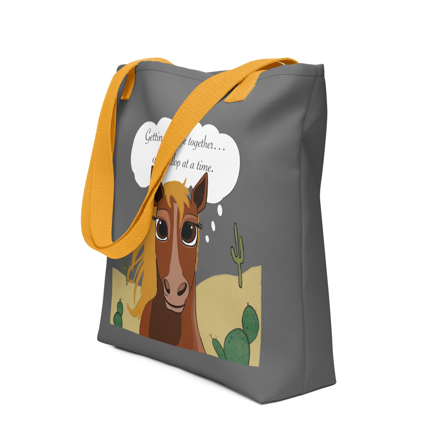 Back view of gray tote bag with yellow straps featuring the One Gallop at a Time horse design