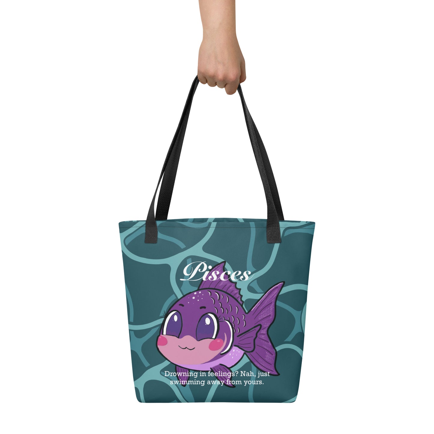 Back view of Pisces Drowning in Feelings tote bag with colorful fish design on white background
