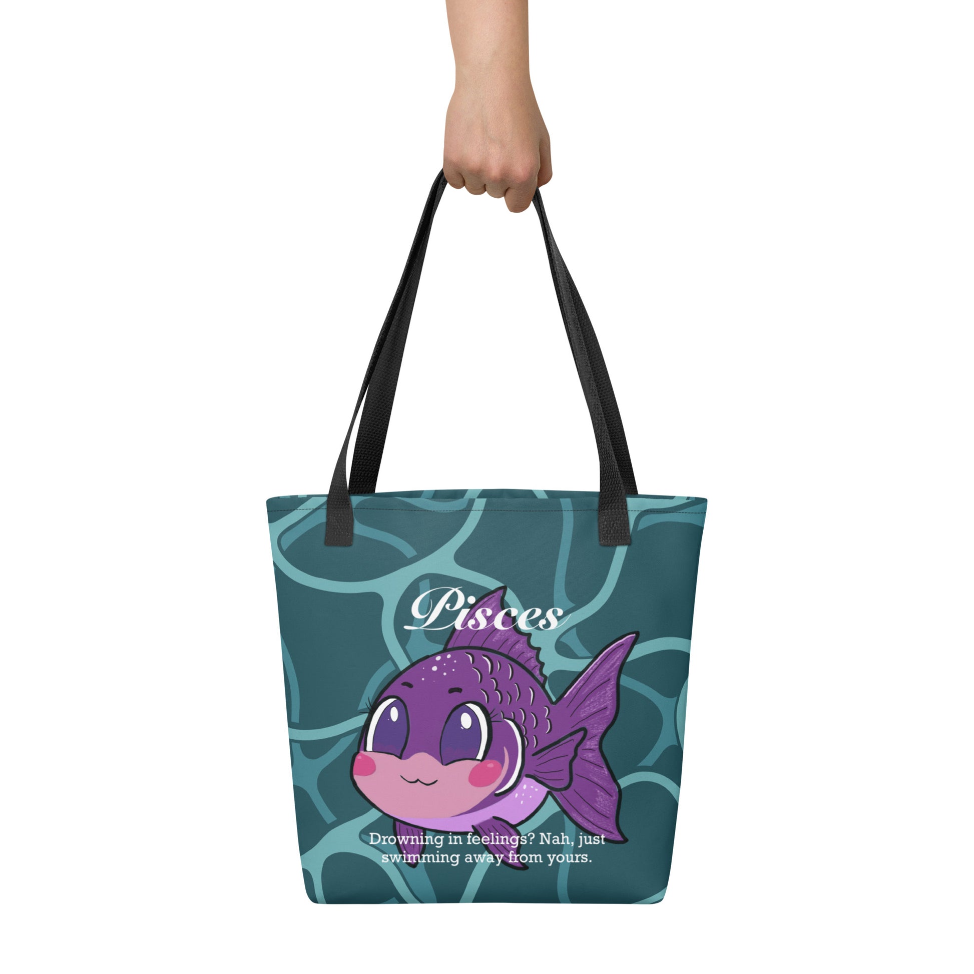 Back view of Pisces Drowning in Feelings tote bag with colorful fish design on white background
