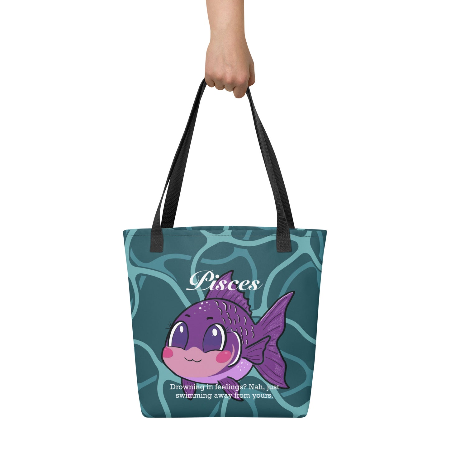 Front view of Pisces Drowning in Feelings tote bag with colorful fish design on white background