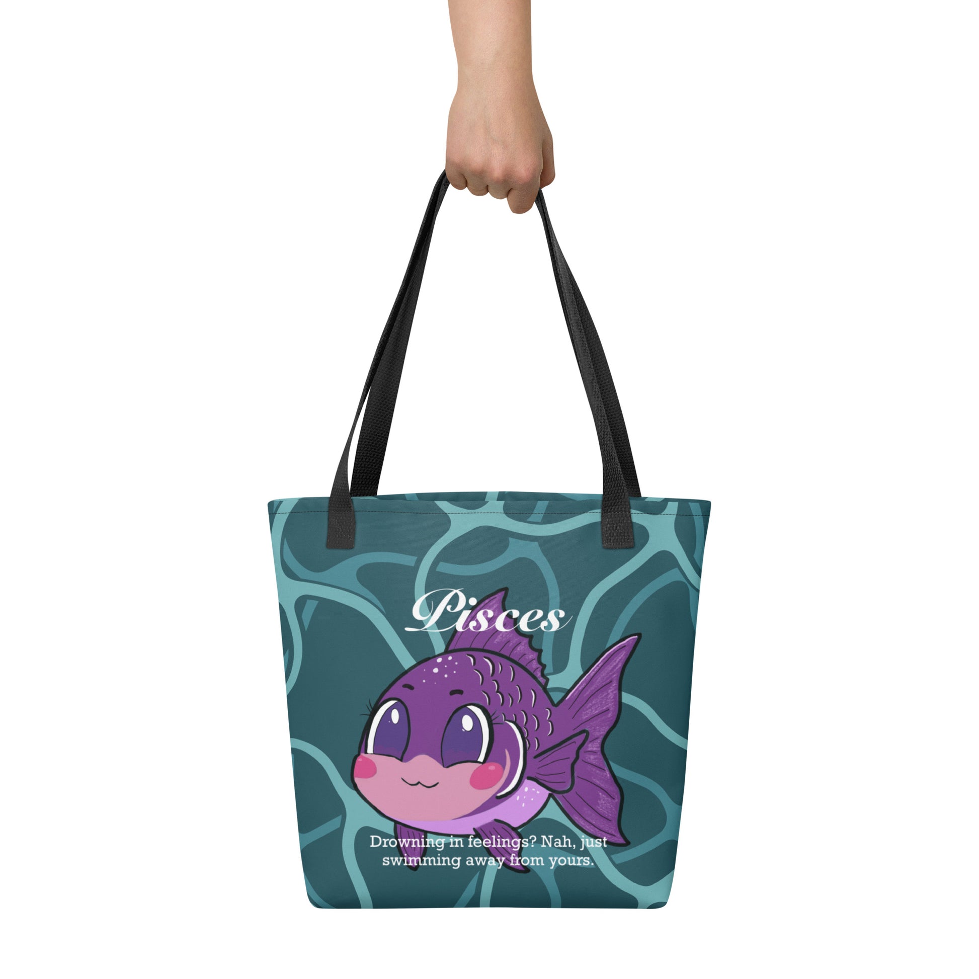 Front view of Pisces Drowning in Feelings tote bag with colorful fish design on white background