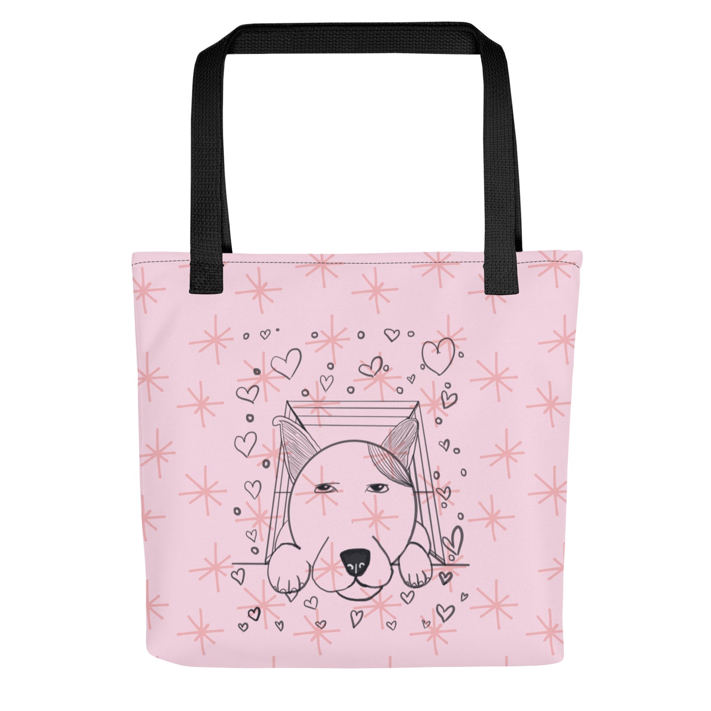 Pup Love all-over print tote bag front view with cute dog in box and hearts on soft pink repeating pattern – GrungePup Vet Chaos pet lover accessory
