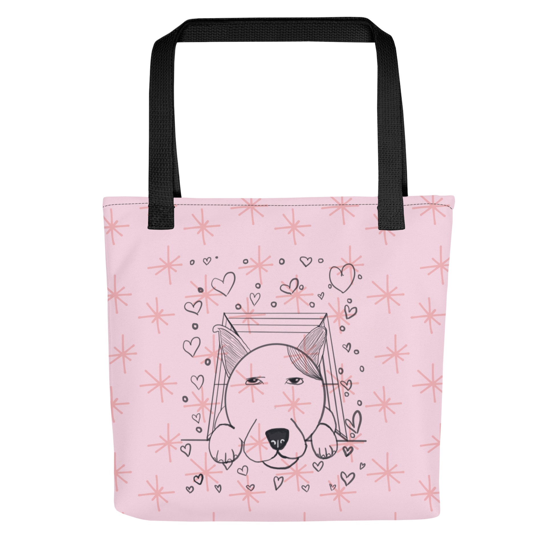 Pup Love all-over print tote bag front view with cute dog in box and hearts on soft pink repeating pattern – GrungePup Vet Chaos pet lover accessory