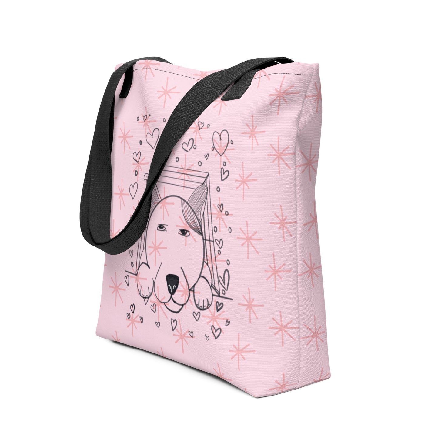 Pup Love all-over print tote bag side angle view showing wrap-around dog illustration and hearts – GrungePup Vet Chaos cute dog mom tote