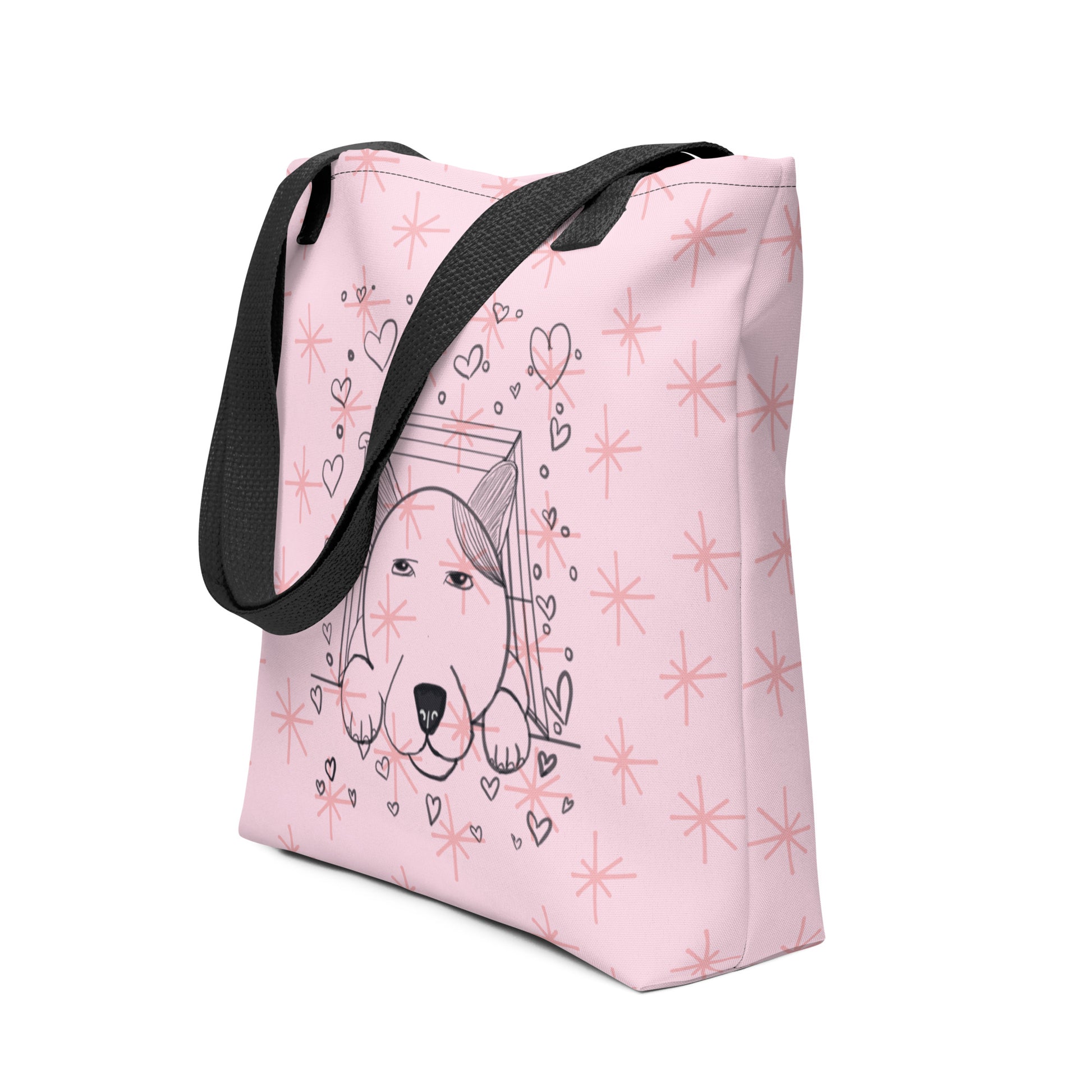 Pup Love all-over print tote bag side angle view showing wrap-around dog illustration and hearts – GrungePup Vet Chaos cute dog mom tote