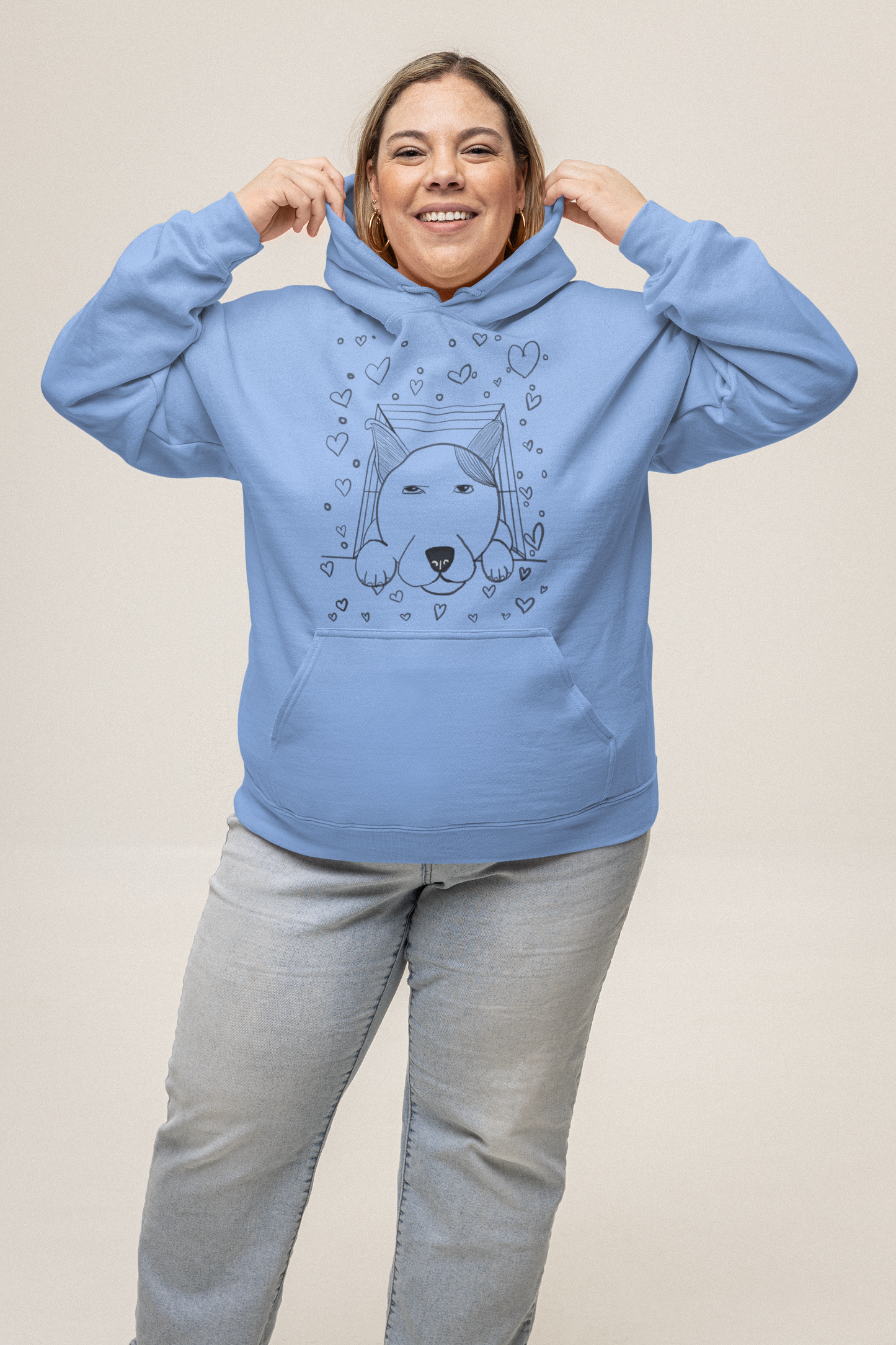 Plus-size woman wearing Carolina blue "Pup Love" hoodie with dog illustration and hearts – GrungePup Vet Chaos pet lover humor apparel