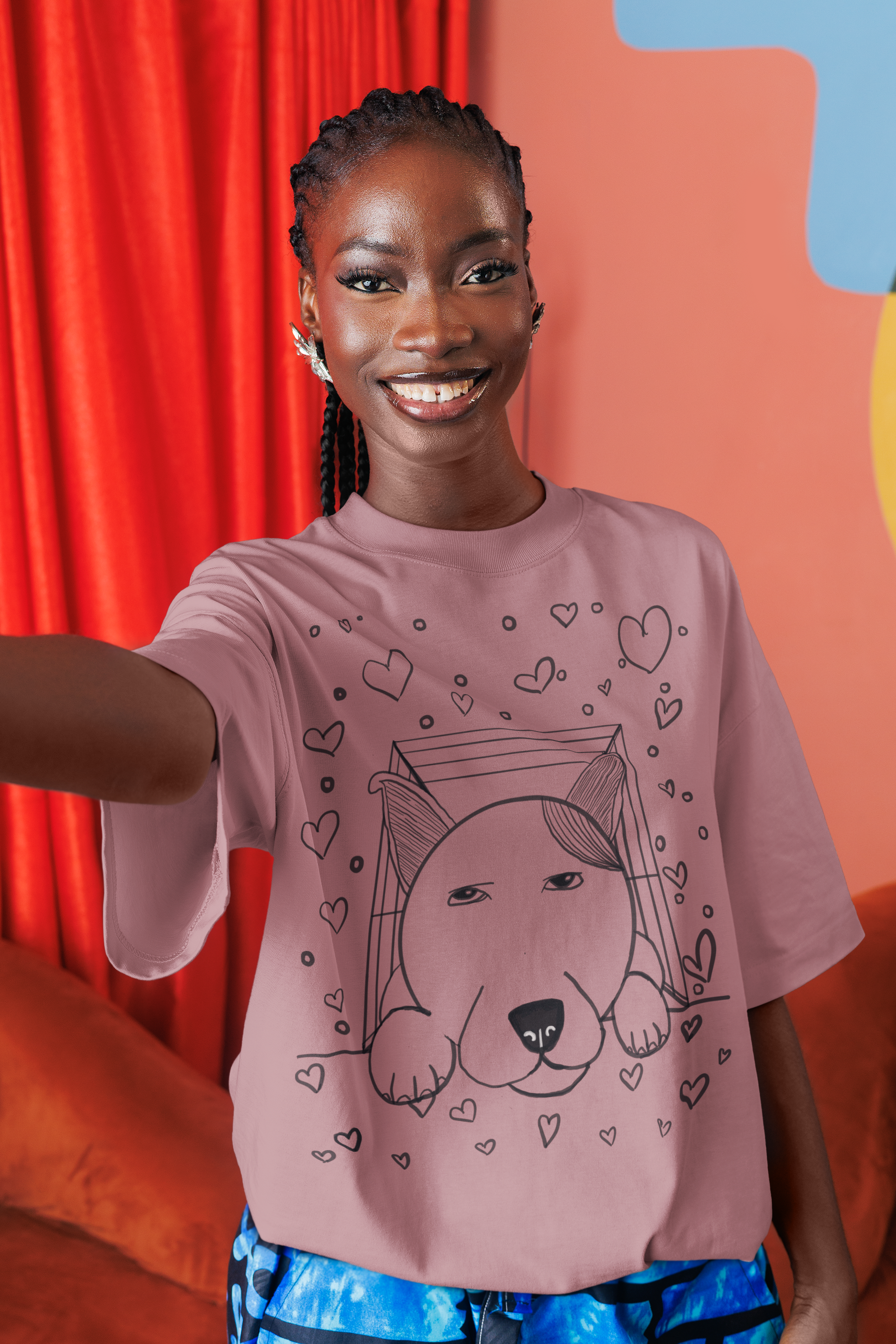 Woman with big smile taking selfie wearing heather orchid "Pup Love" t-shirt with dog in box and hearts design – GrungePup Vet Chaos cute animal lover tee