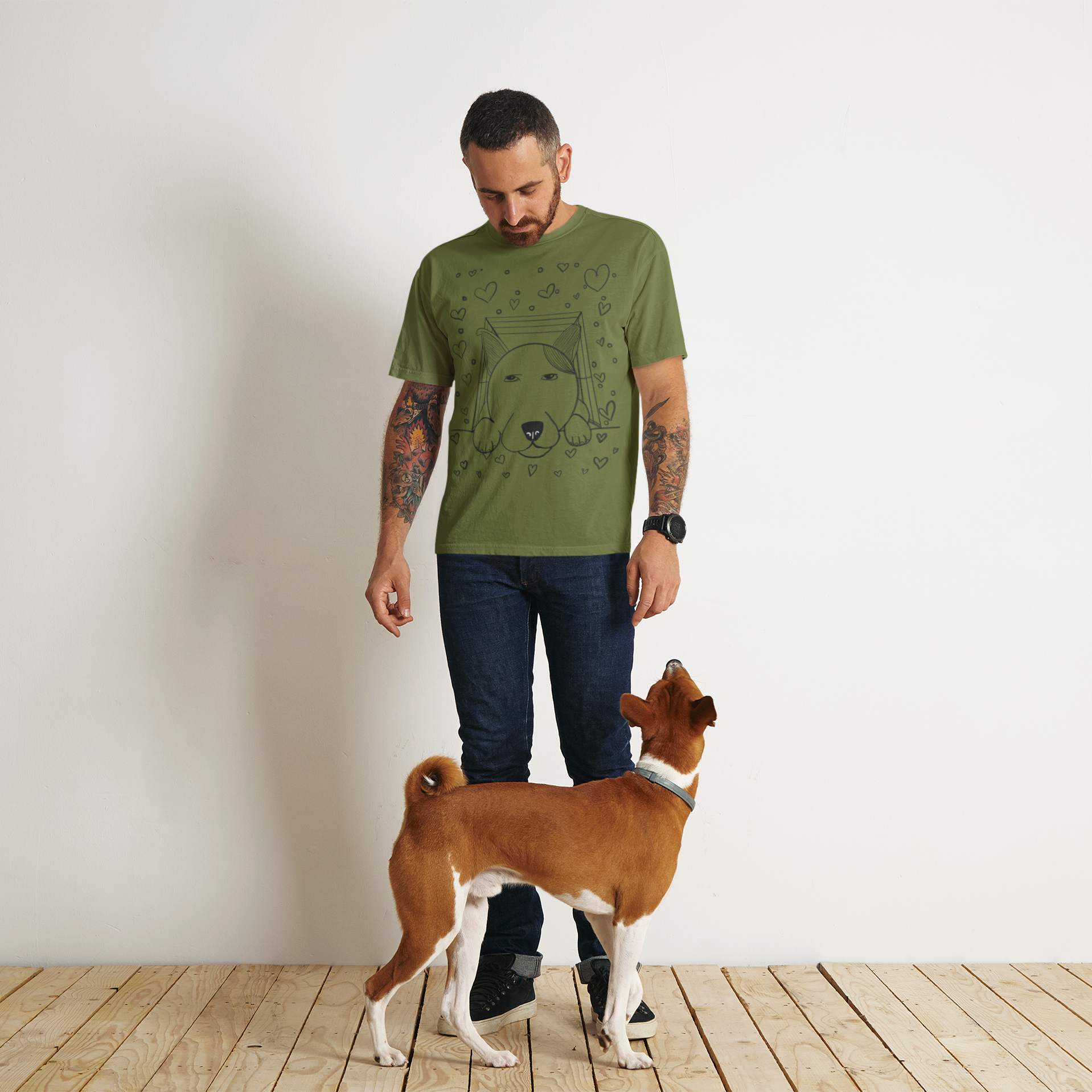 Man standing with dog wearing olive "Pup Love" t-shirt with dog illustration and hearts – GrungePup Vet Chaos fun dog dad apparel