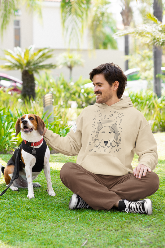 Man sitting with dog wearing sand "Pup Love" hoodie with dog in box and hearts design – GrungePup Vet Chaos dog mom/dad apparel