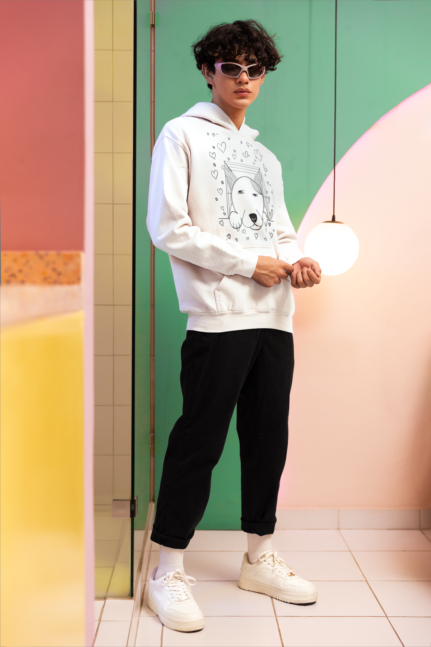 Man wearing white "Pup Love" hoodie with dog in box surrounded by hearts – GrungePup Vet Chaos fun vet tech apparel