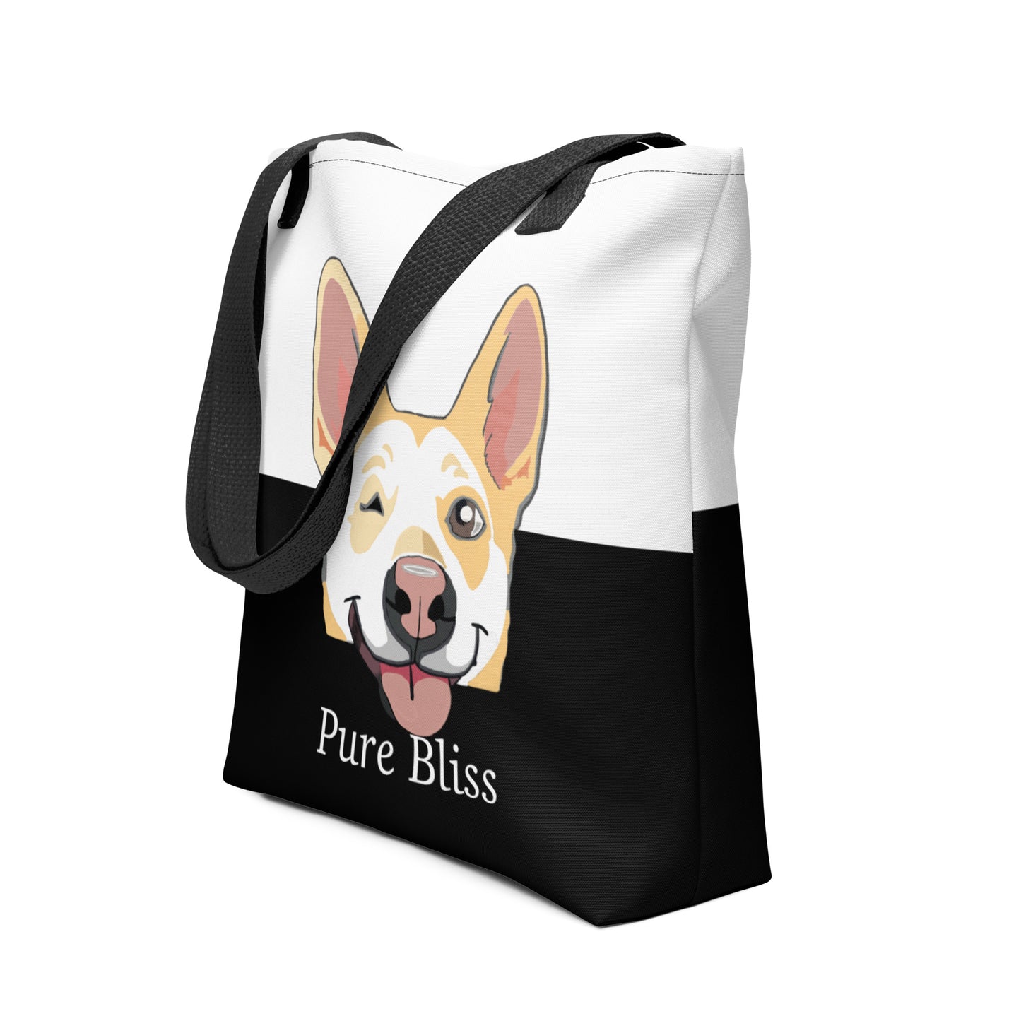 Side angle view of Pure Bliss Nico Face all-over print tote bag showing depth and design