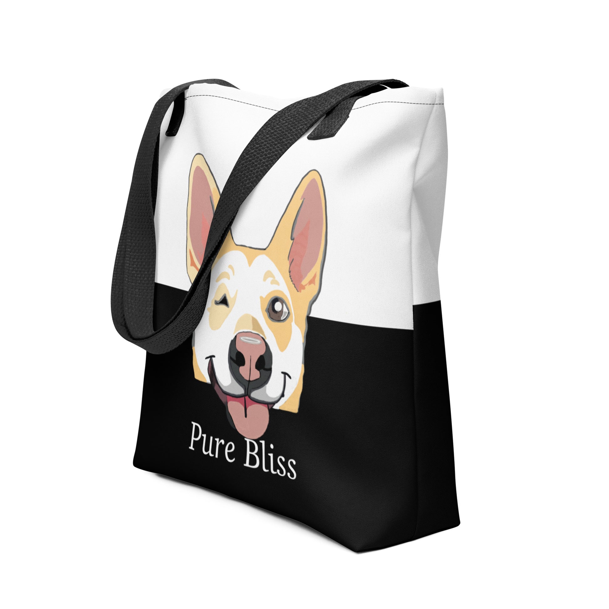 Side angle view of Pure Bliss Nico Face all-over print tote bag showing depth and design