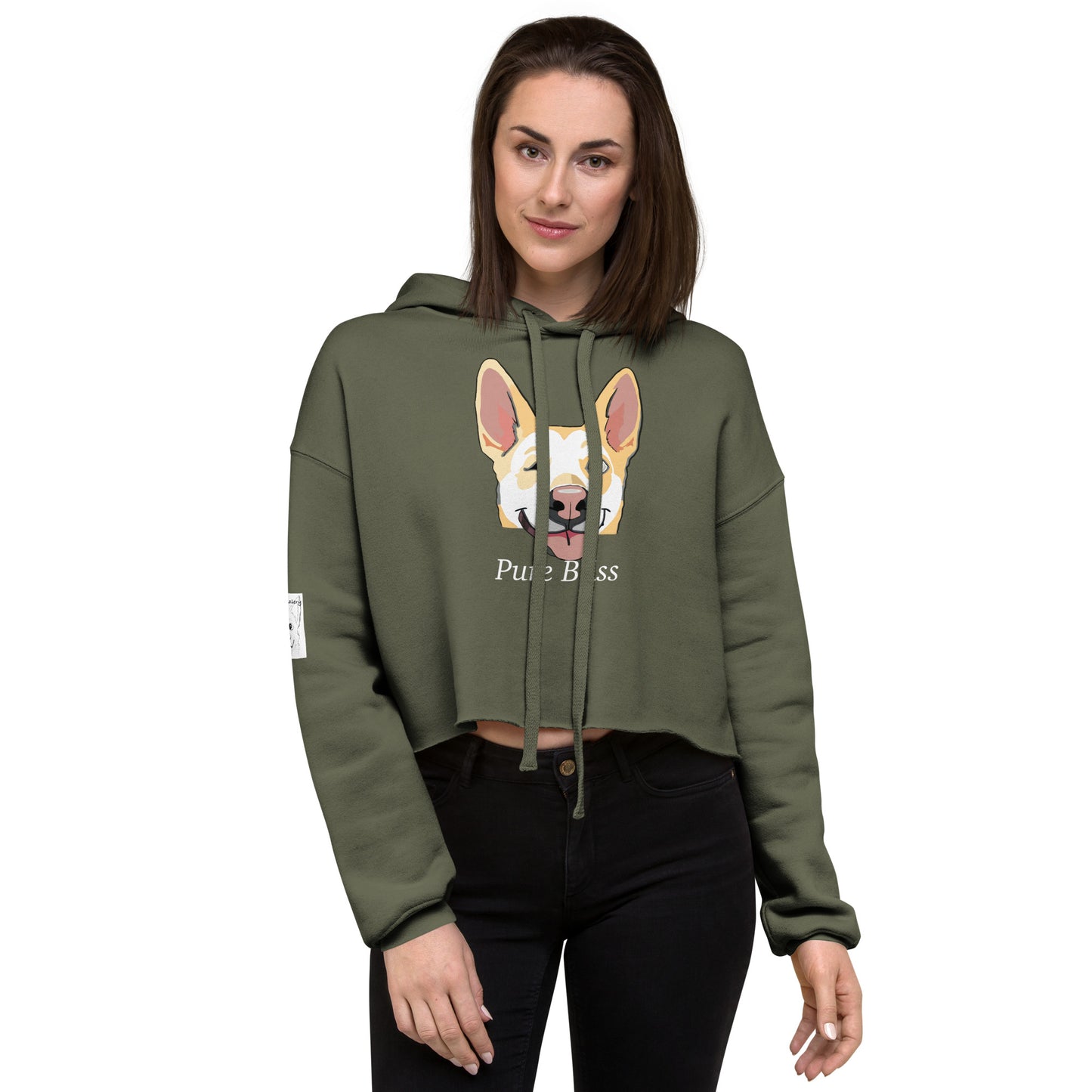 Woman standing wearing military green Pure Bliss Nico Face cropped hoodie with joyful husky portrait