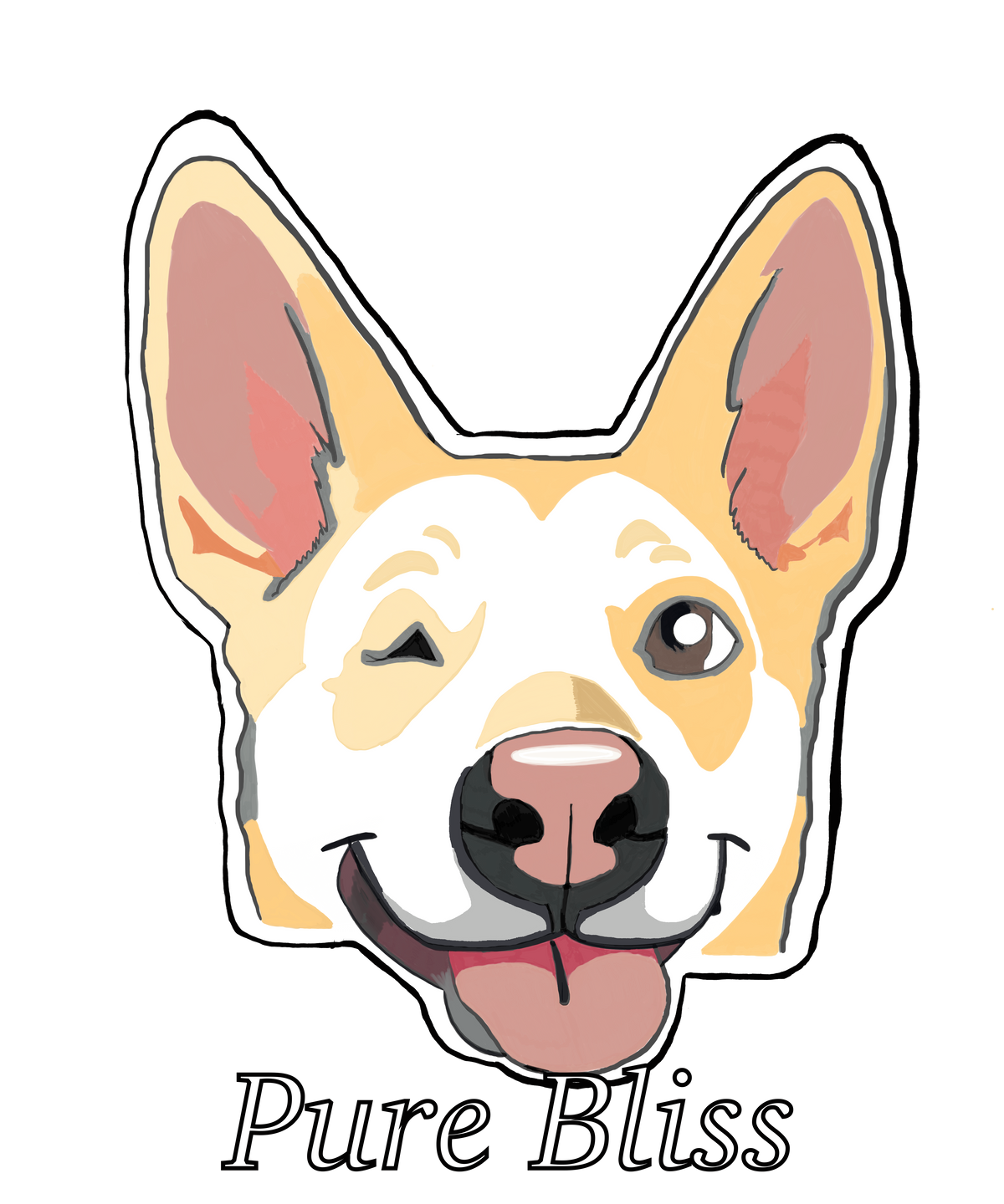 Close-up of the Pure Bliss Nico portrait with a white outline. Winking one-eyed dog, tongue out, cream lettering on black. Nico Inspired by GrungePup Gallery.