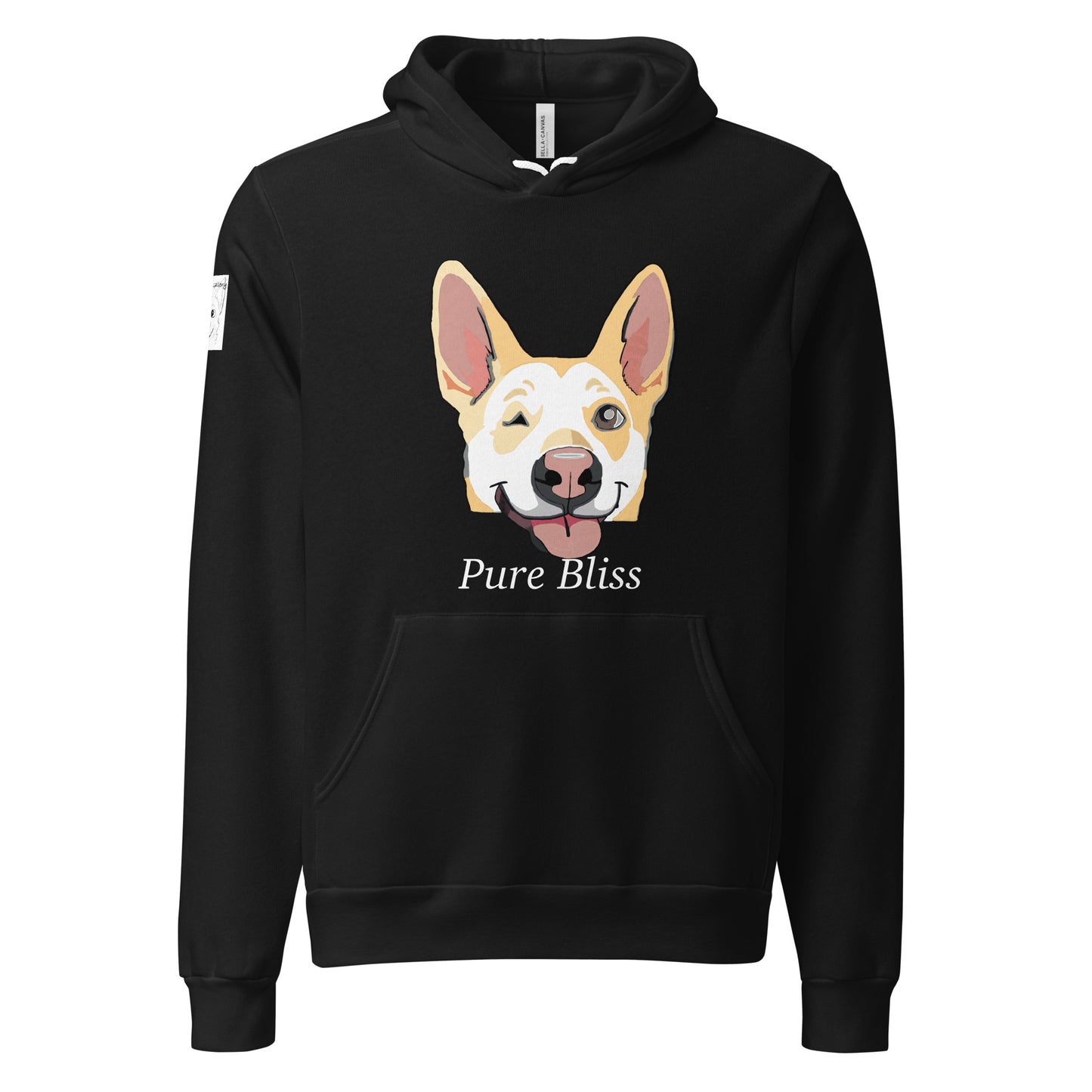 Flat lay view of black Pure Bliss Nico Face hoodie showing full design