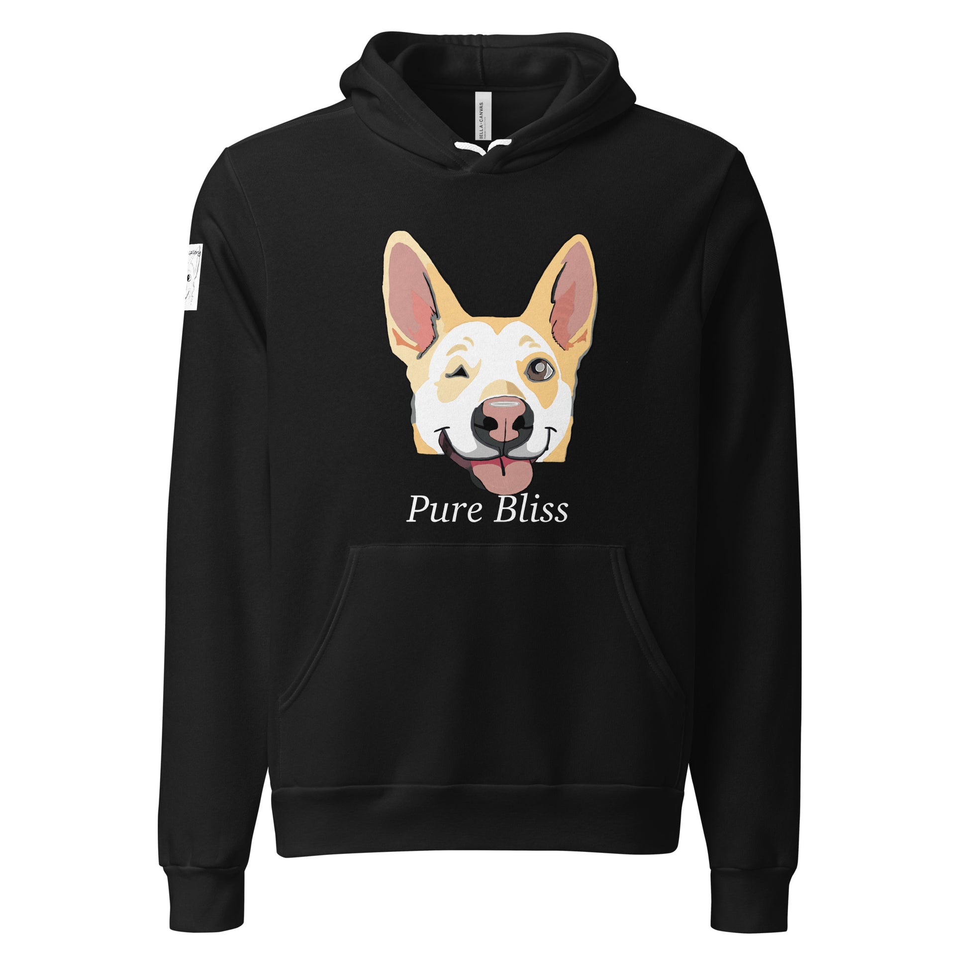 Flat lay view of black Pure Bliss Nico Face hoodie showing full design
