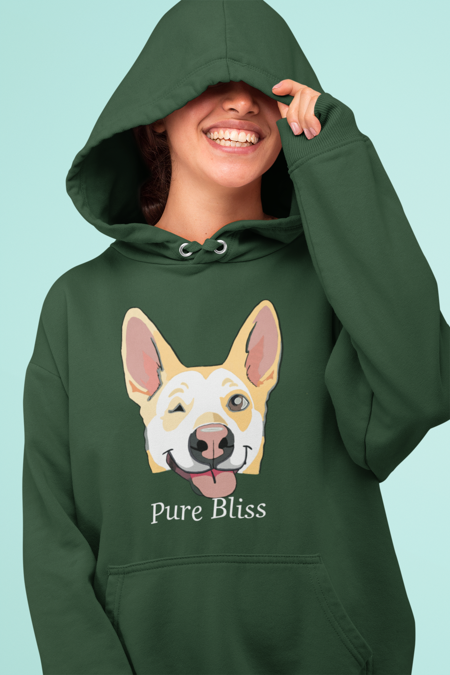 Woman smiling outdoors in forest wearing Pure Bliss Nico Face hoodie