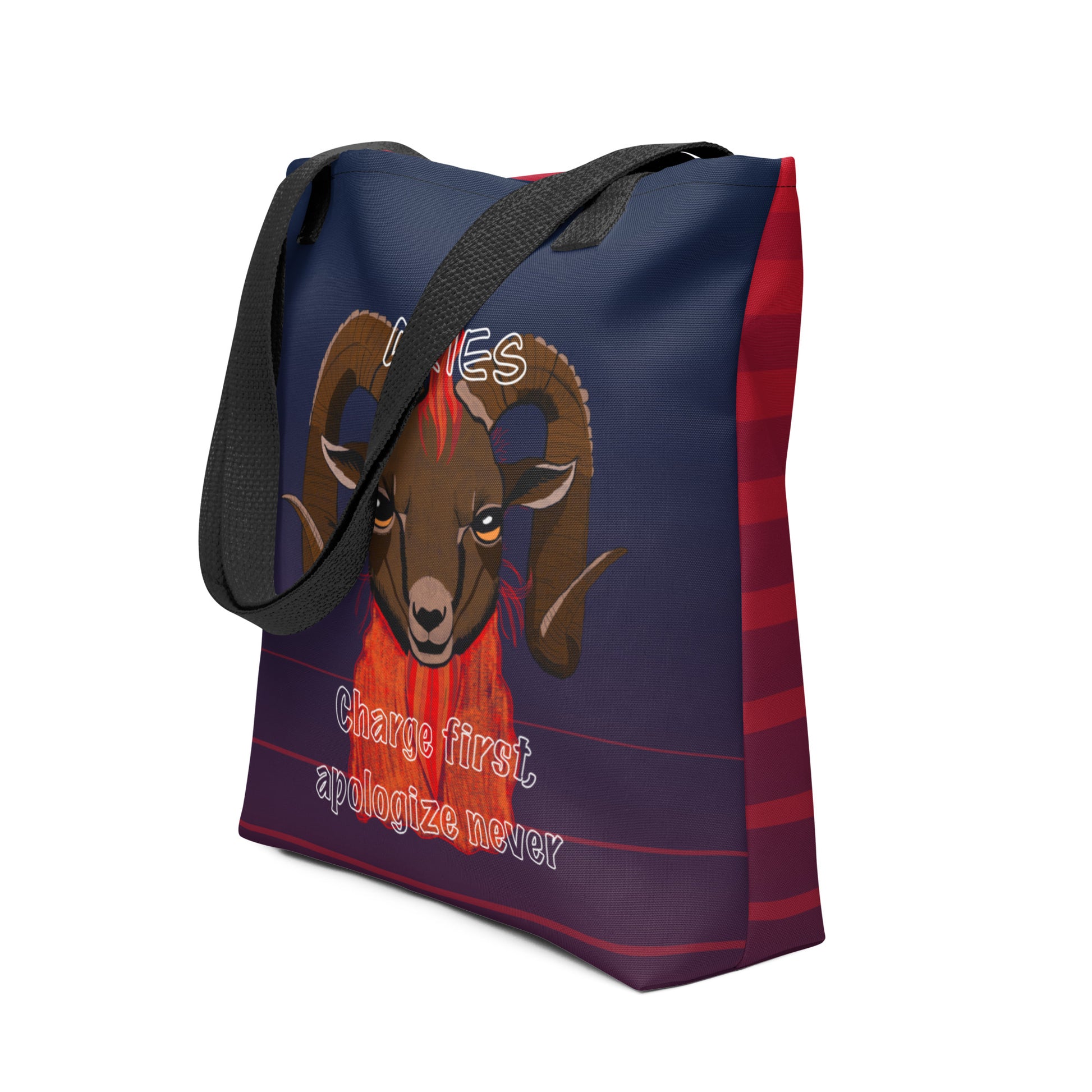 Side angle view of the Aries ram all-over print tote bag showing blue front and red back design