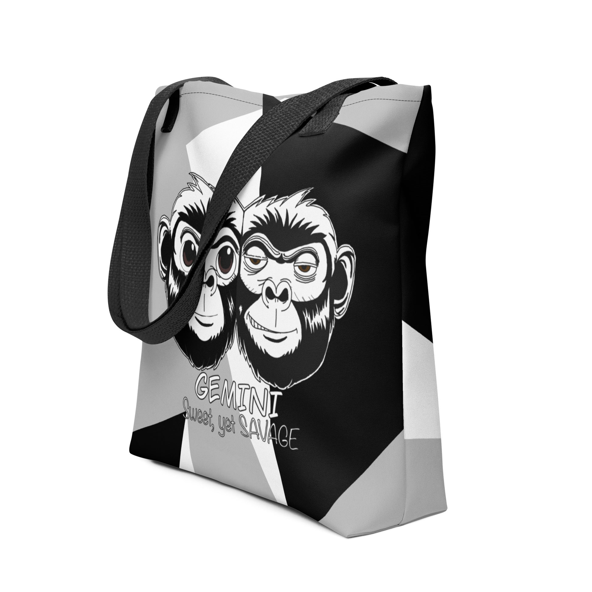 Side angle view of the Gemini black and white all-over print tote bag showing depth and construction