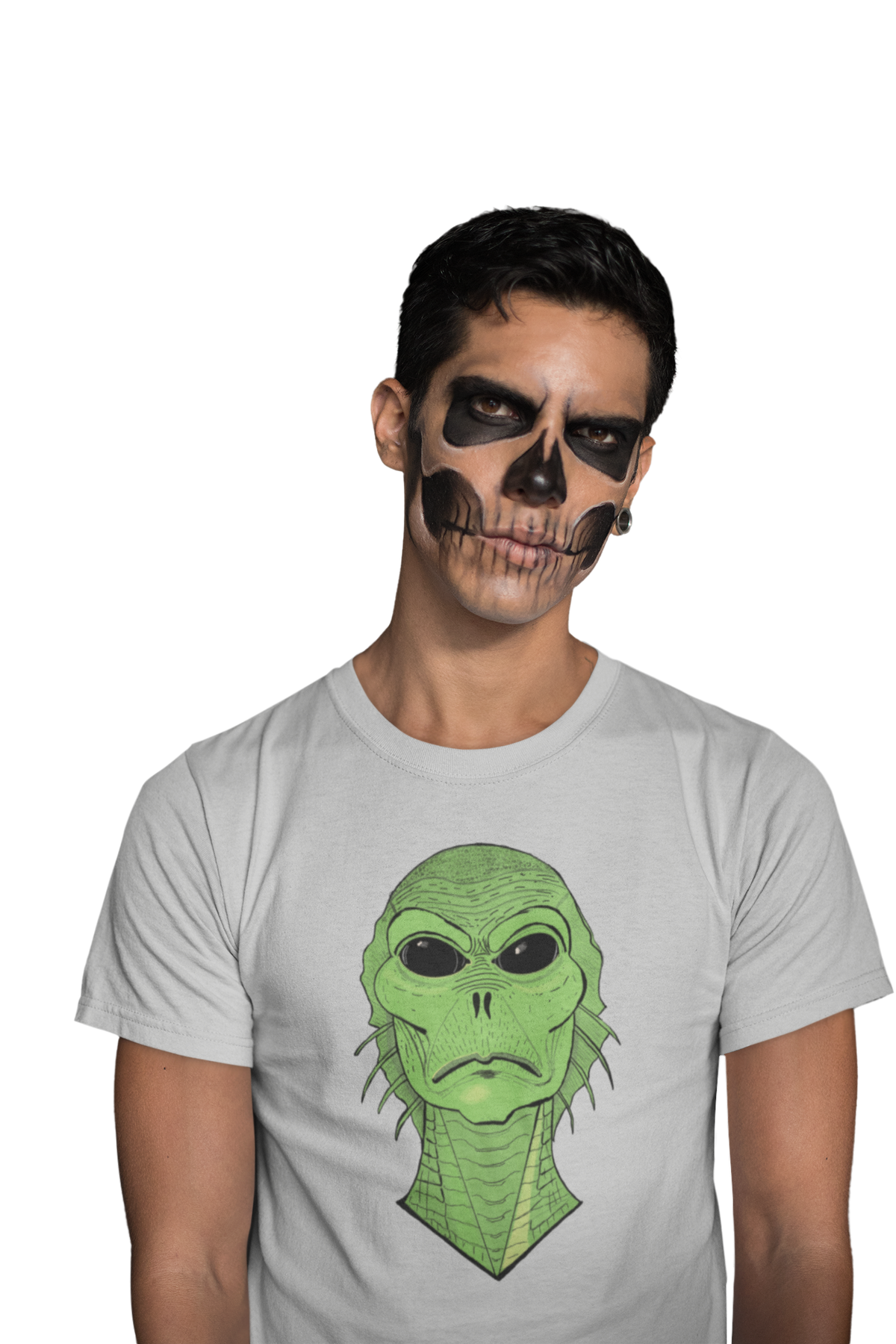 Man with skull face makeup wearing an athletic heather t-shirt with the Swamp Thang creature face
