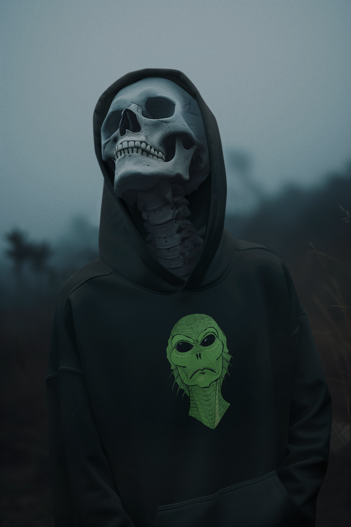 Skeleton wearing a black hoodie in a foggy forest, Swamp Thang creature face printed on the chest