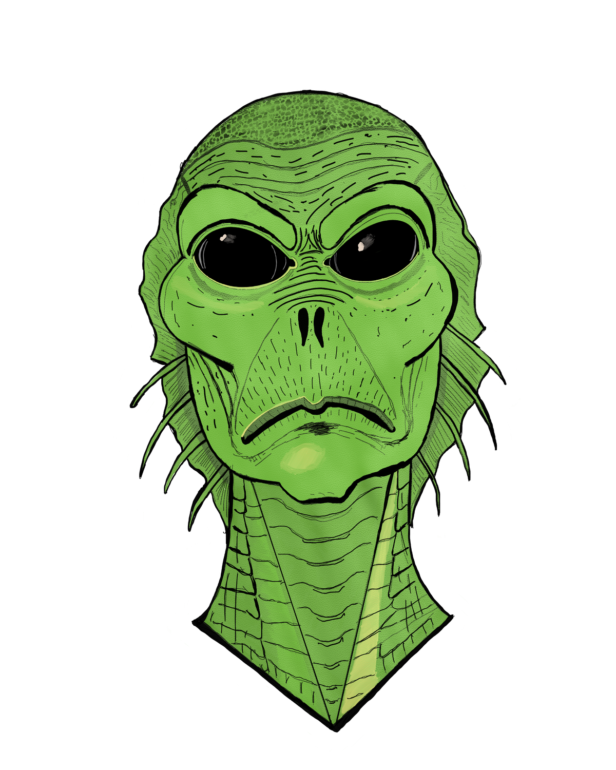 Close-up of the Swamp Thang artwork, green creature face with black eyes on a black background