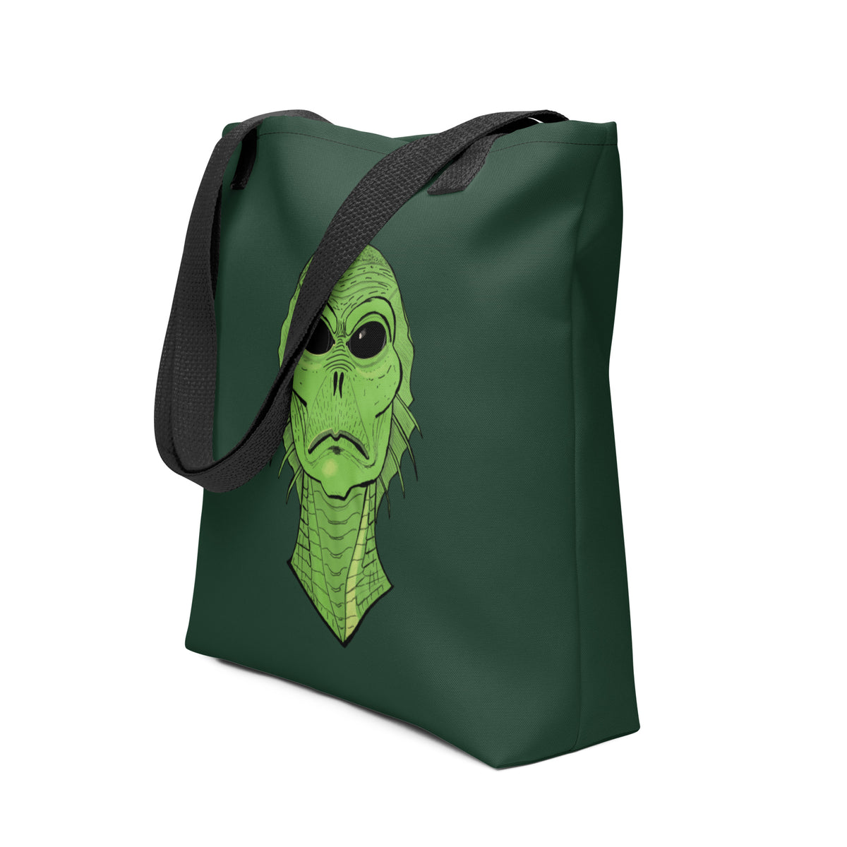Side angle of the hunter green Swamp Thang tote bag with no model, showing the strap and bag depth