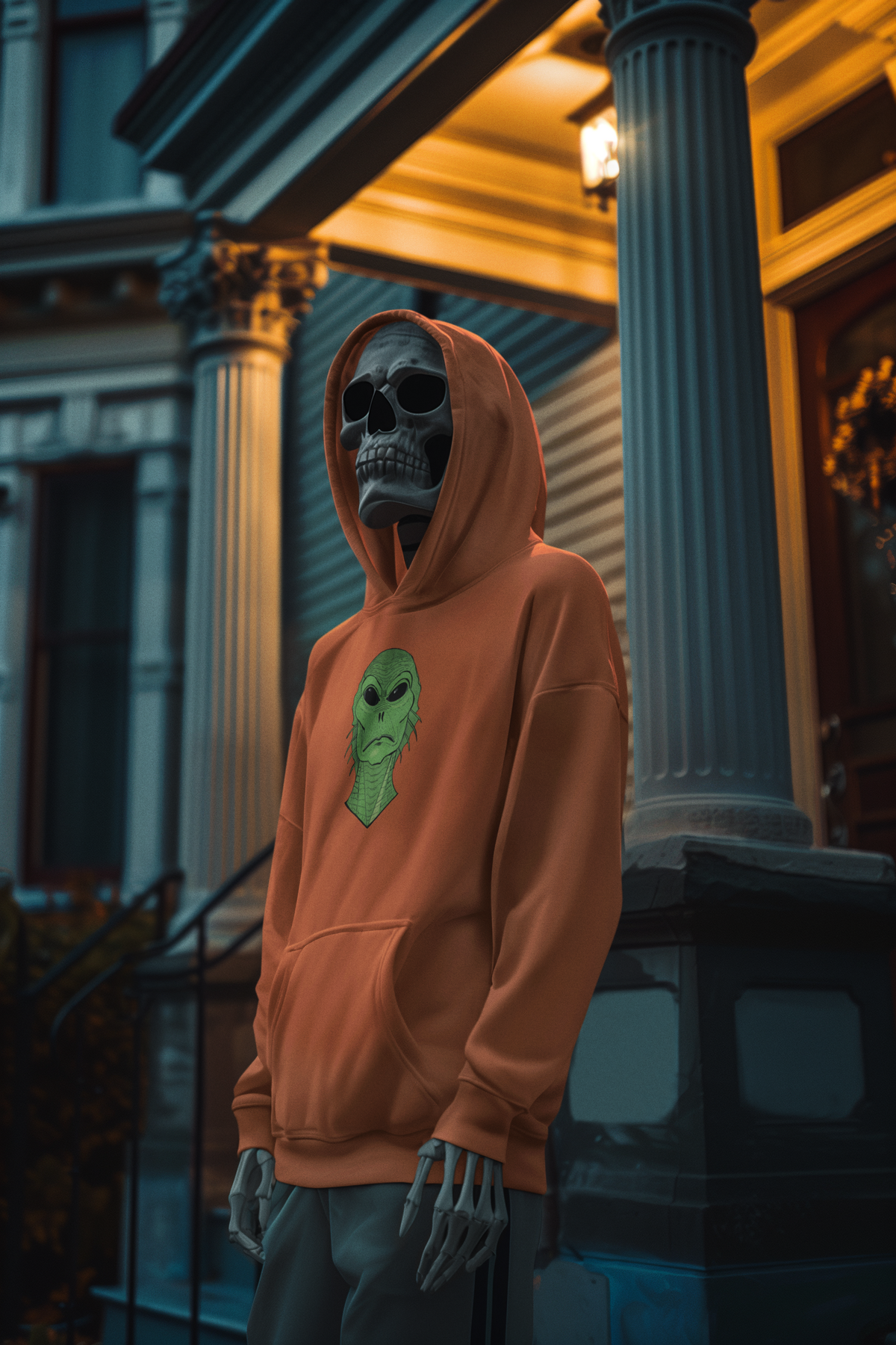 Skeleton in an orange hoodie standing on a mansion porch, Swamp Thang creature face on the chest