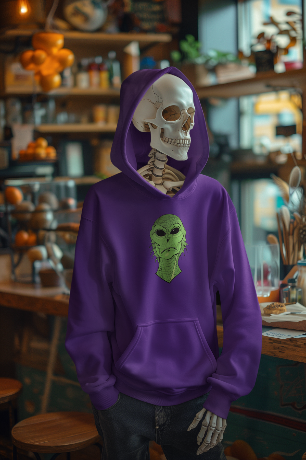 Skeleton in a purple hoodie standing in a restaurant, Swamp Thang creature face on the chest