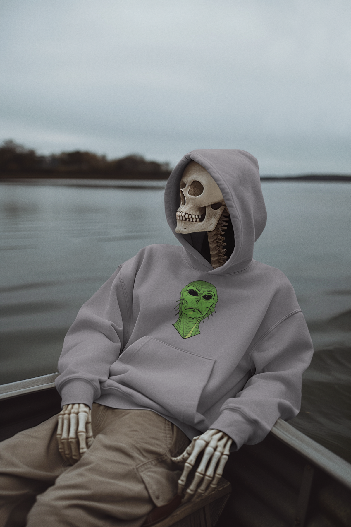 Skeleton sitting in a boat wearing a sport grey hoodie, Swamp Thang creature face on the chest
