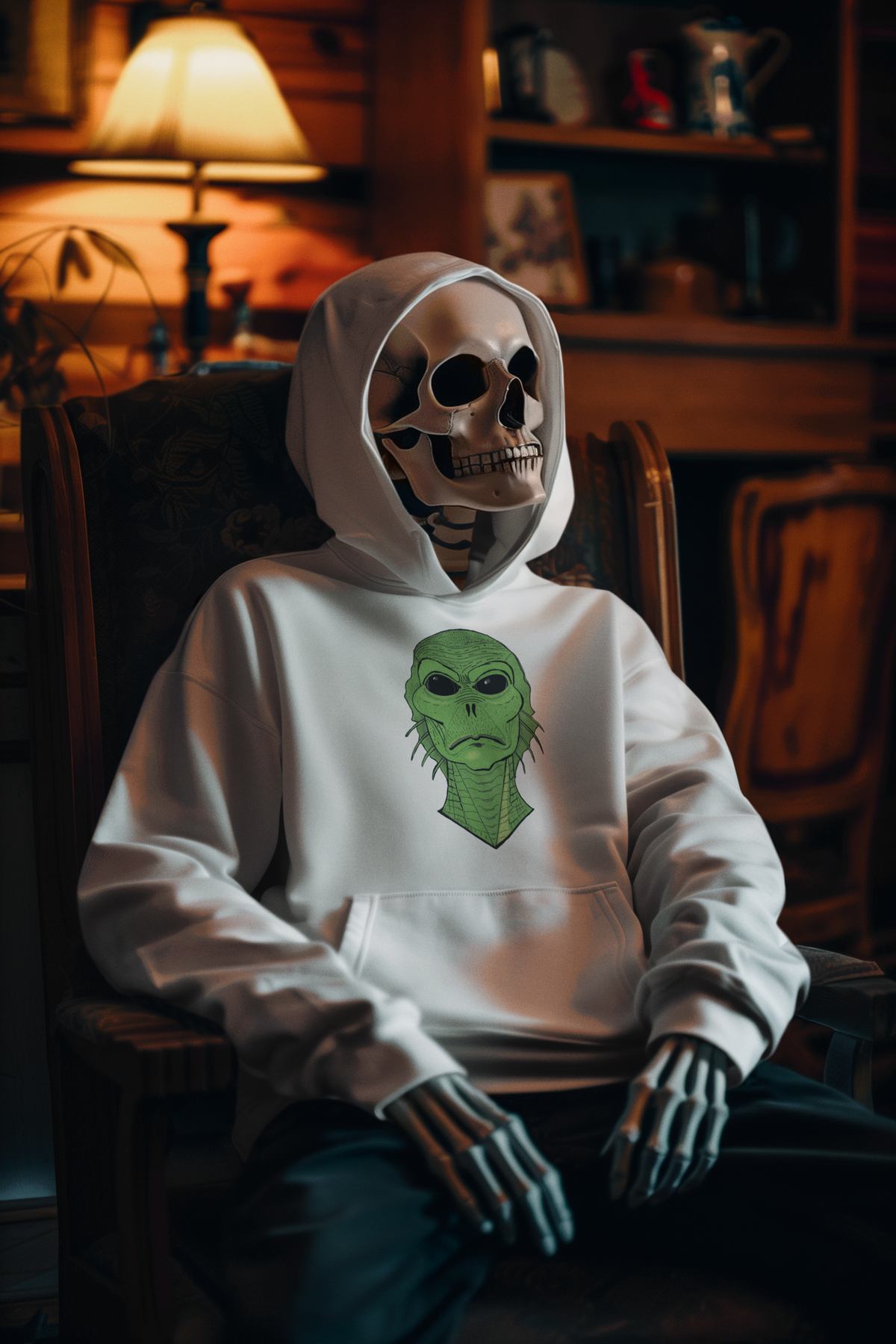 Skeleton sitting in an armchair in a dim house wearing a white hoodie, Swamp Thang creature face on the chest