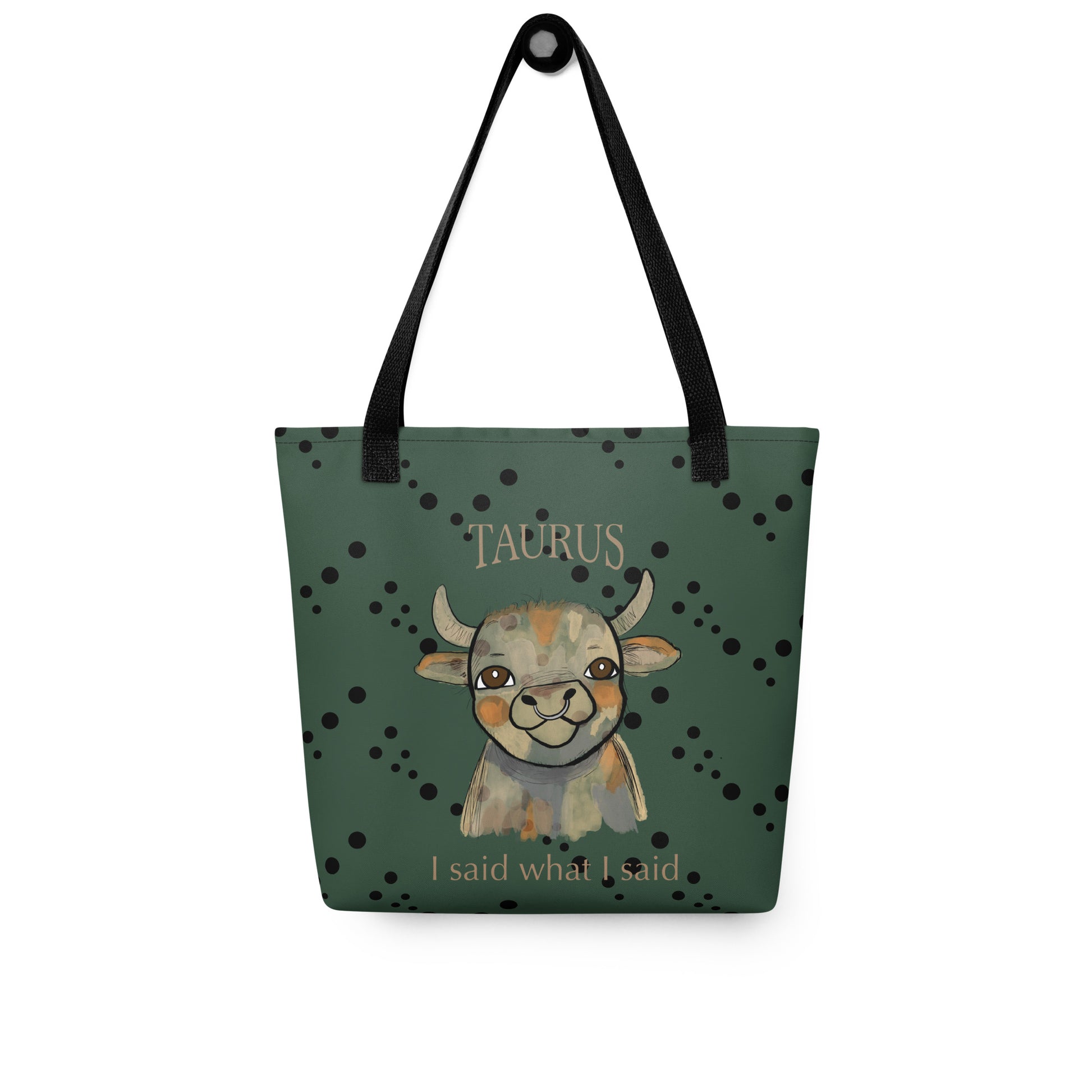 Front view of green Taurus Bull all-over print tote bag with bull design on white background