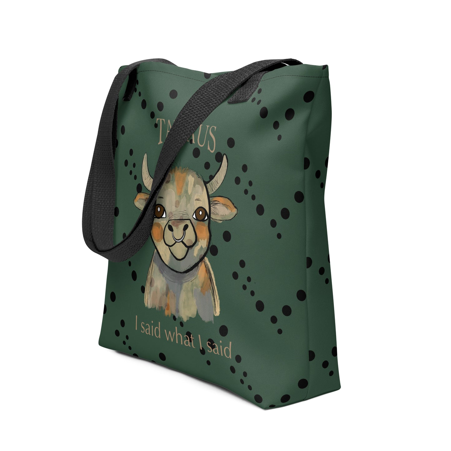 Side angle view of green Taurus Bull all-over print tote bag showing design and depth on white background