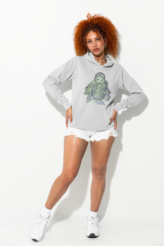 Woman in shorts wearing ash Gildan hoodie with That Girl, Alice grunge-cute Wonderland design. Whimsical, edgy, and self-taught art for the curious and bold.