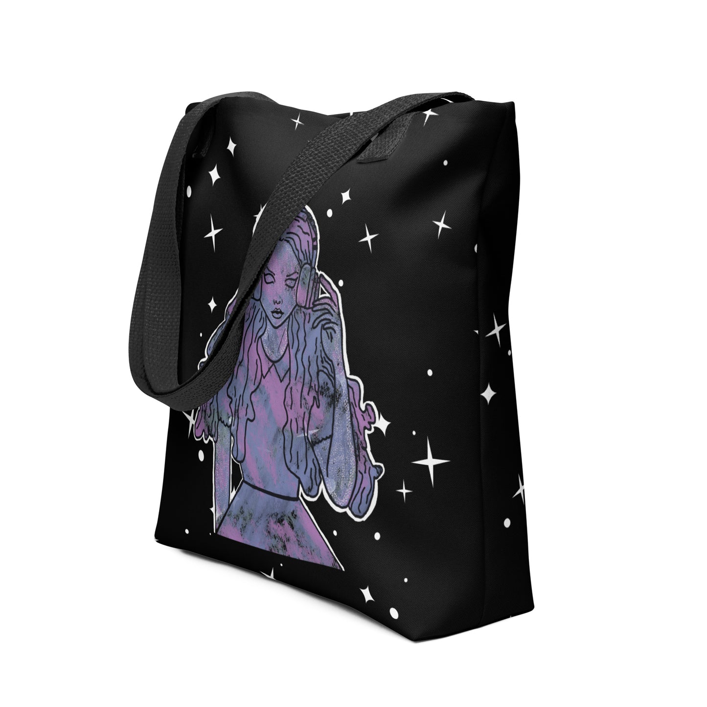 Side angle view of That Girl, Alice all-over print tote bag with grunge-cute Wonderland design. Durable and stylish accessory for daily adventures and carrying essentials.