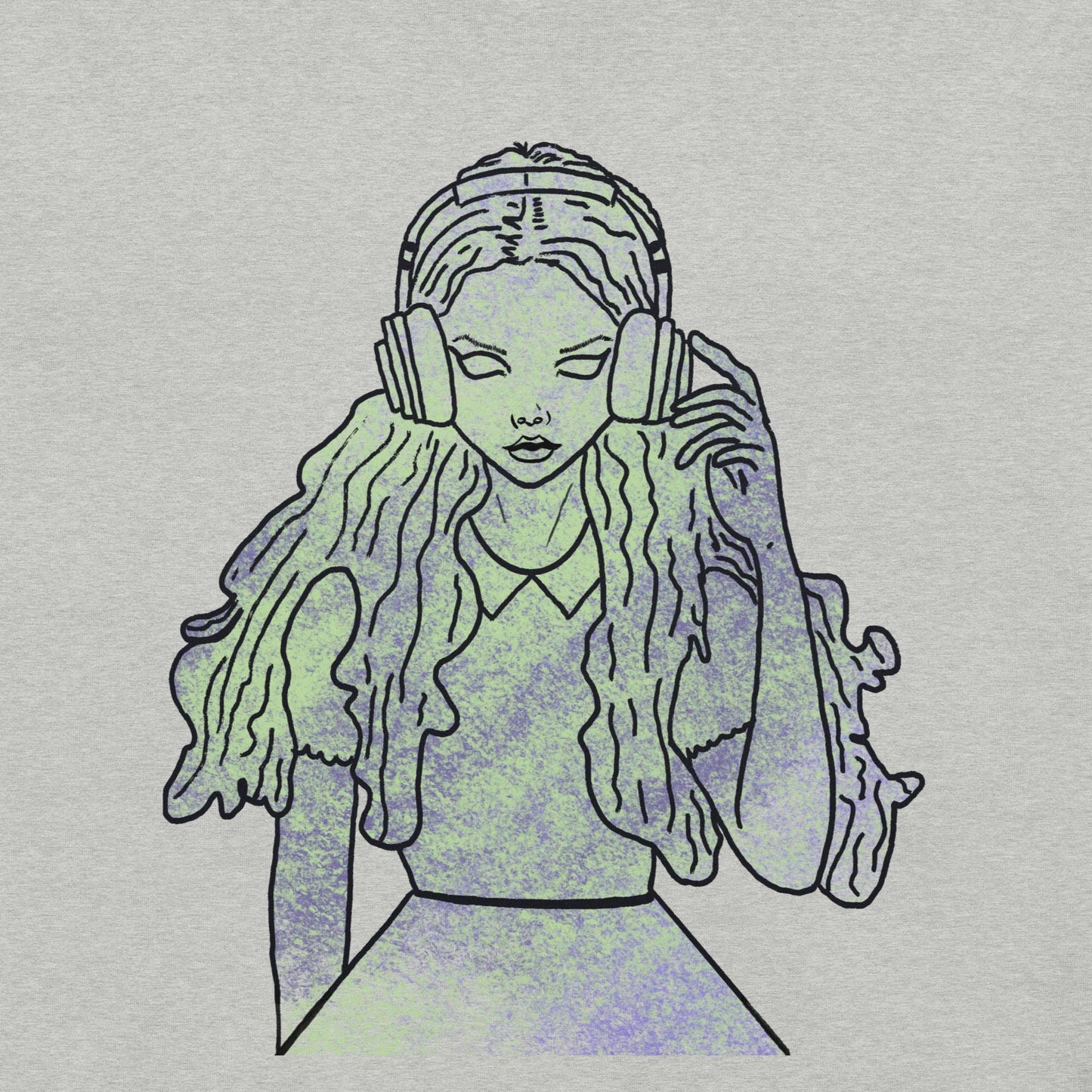 Close up of That Girl, Alice grunge-cute Wonderland design on t-shirt. Whimsical, edgy, and self-taught art with bold patterns and curious creatures from GrungePup Gallery.