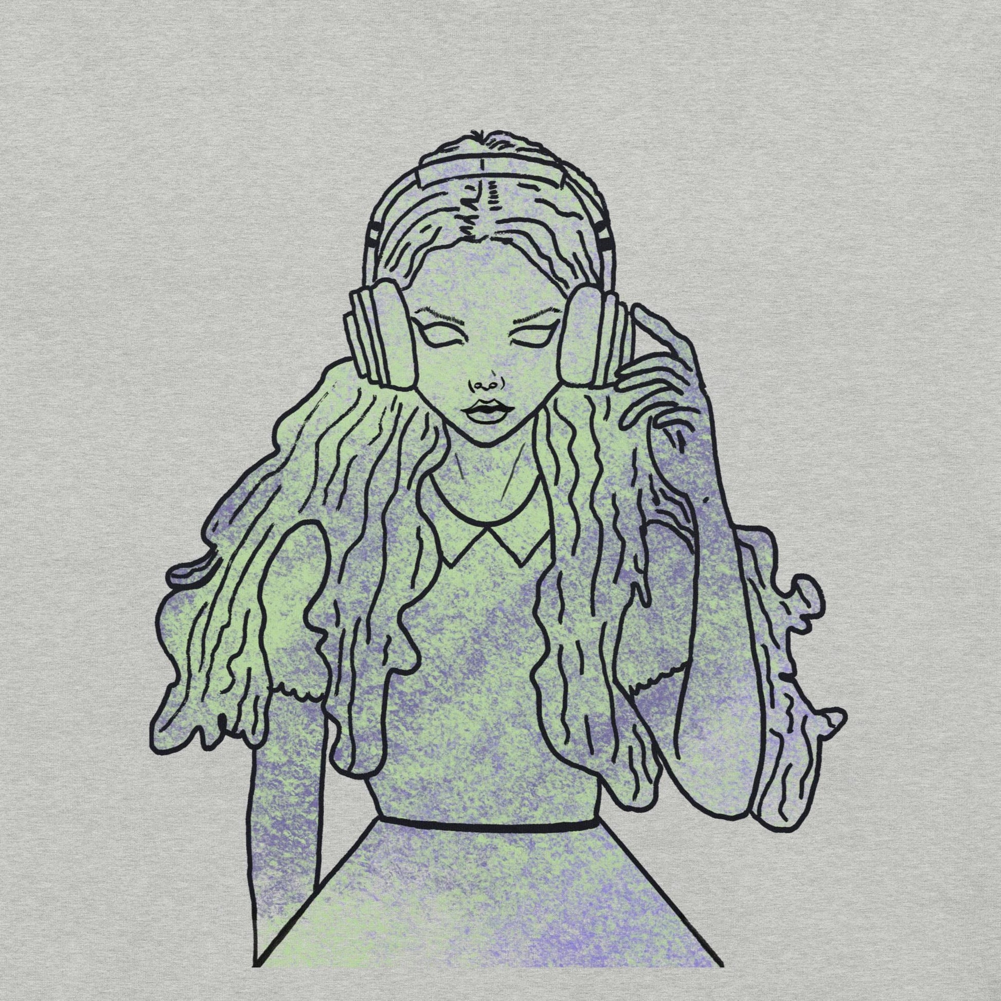 Close up of That Girl, Alice grunge-cute Wonderland design on t-shirt. Whimsical, edgy, and self-taught art with bold patterns and curious creatures from GrungePup Gallery.