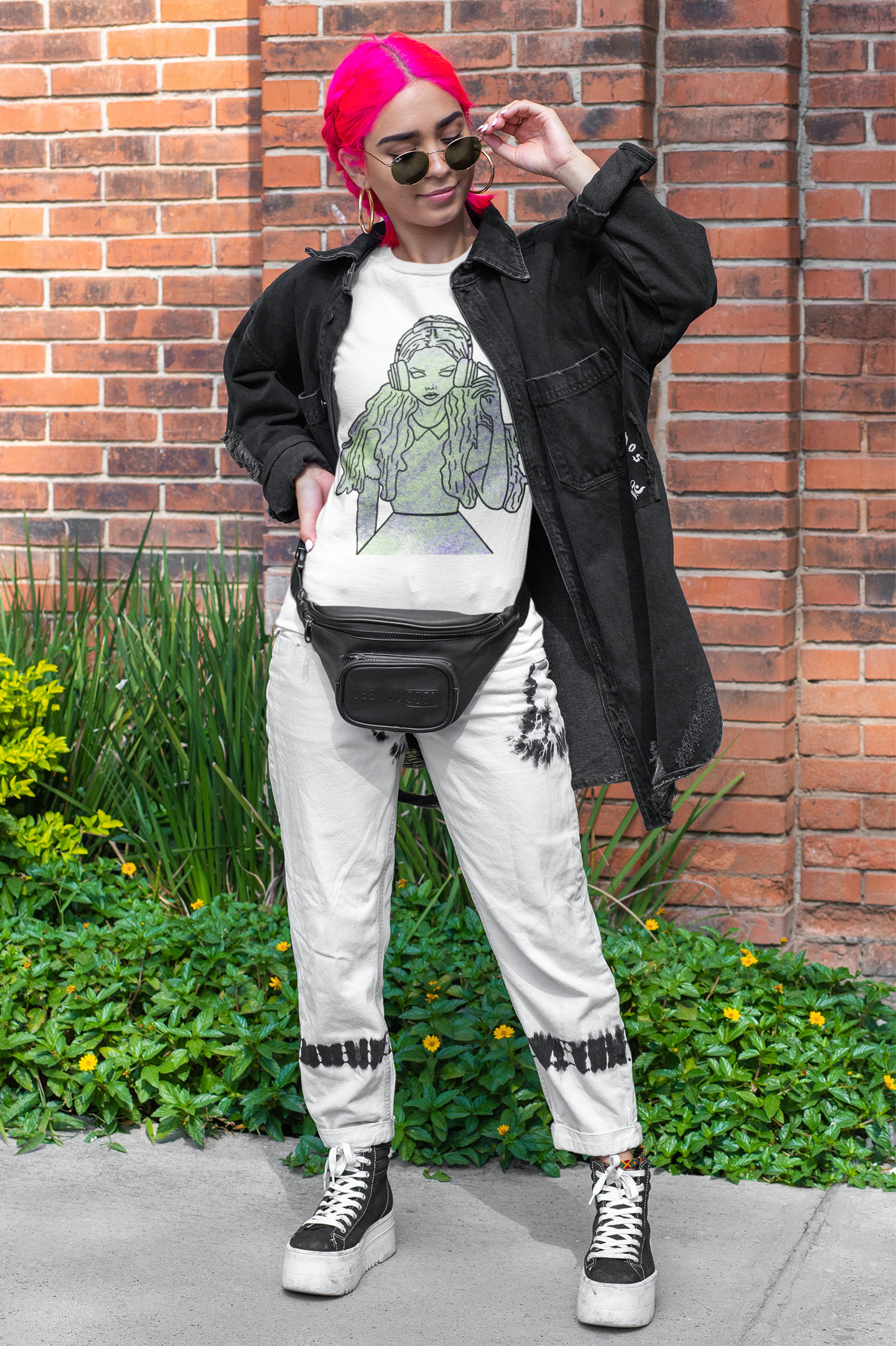 Girl with pink hair wearing white Bella Canvas t-shirt with That Girl, Alice grunge-cute Wonderland design. Whimsical, edgy, and self-taught art for the dreamers who fell down the rabbit hole.