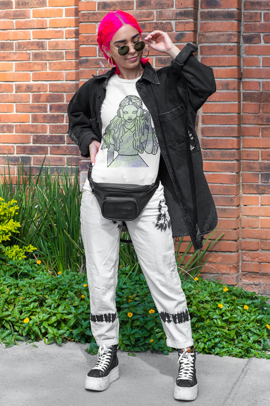 Girl with pink hair wearing white Bella Canvas t-shirt with That Girl, Alice grunge-cute Wonderland design. Whimsical, edgy, and self-taught art for the dreamers who fell down the rabbit hole.
