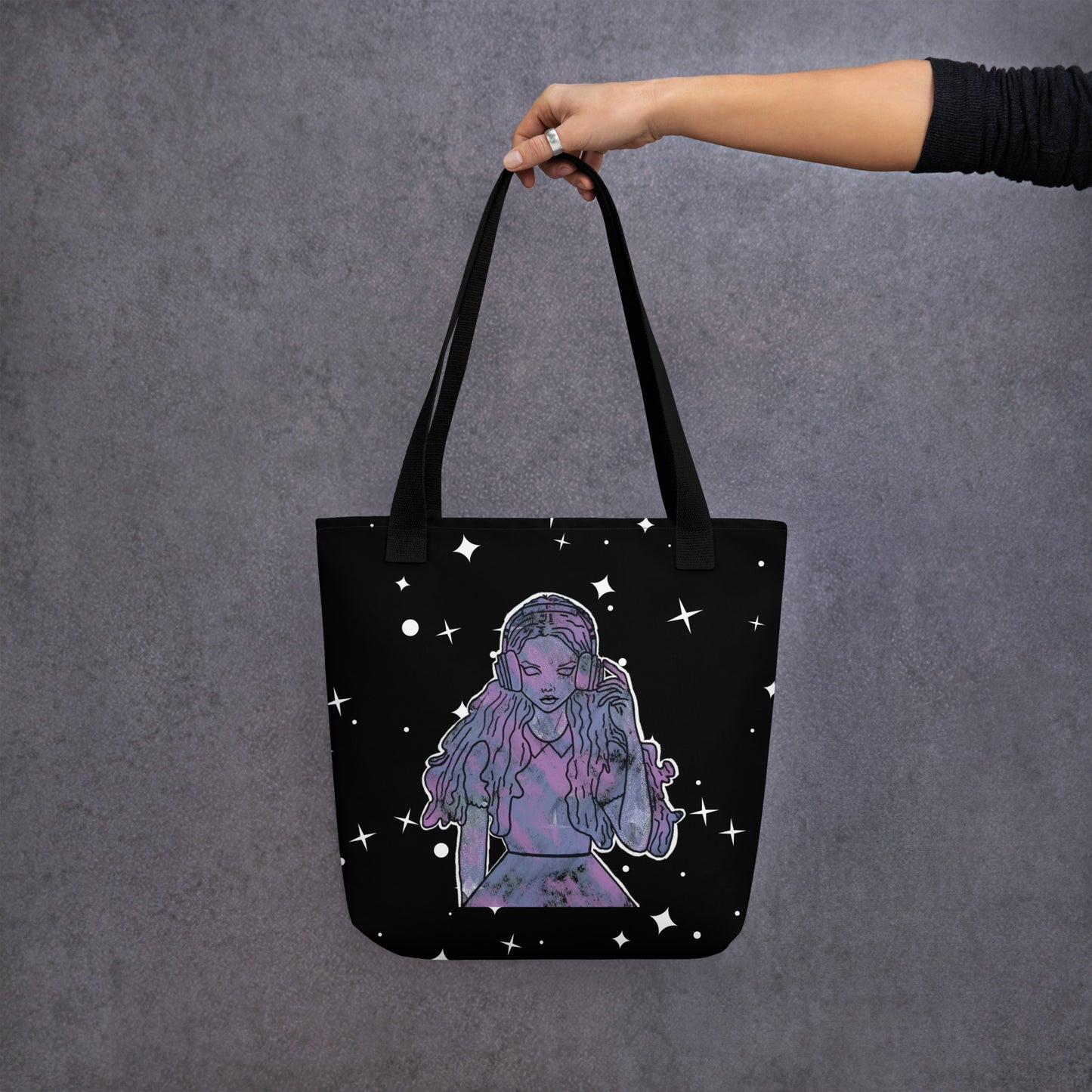 Front view of That Girl, Alice all-over print tote bag showing grunge-cute Wonderland design with starry night background. Bold, whimsical, and full of attitude for the curious ones.