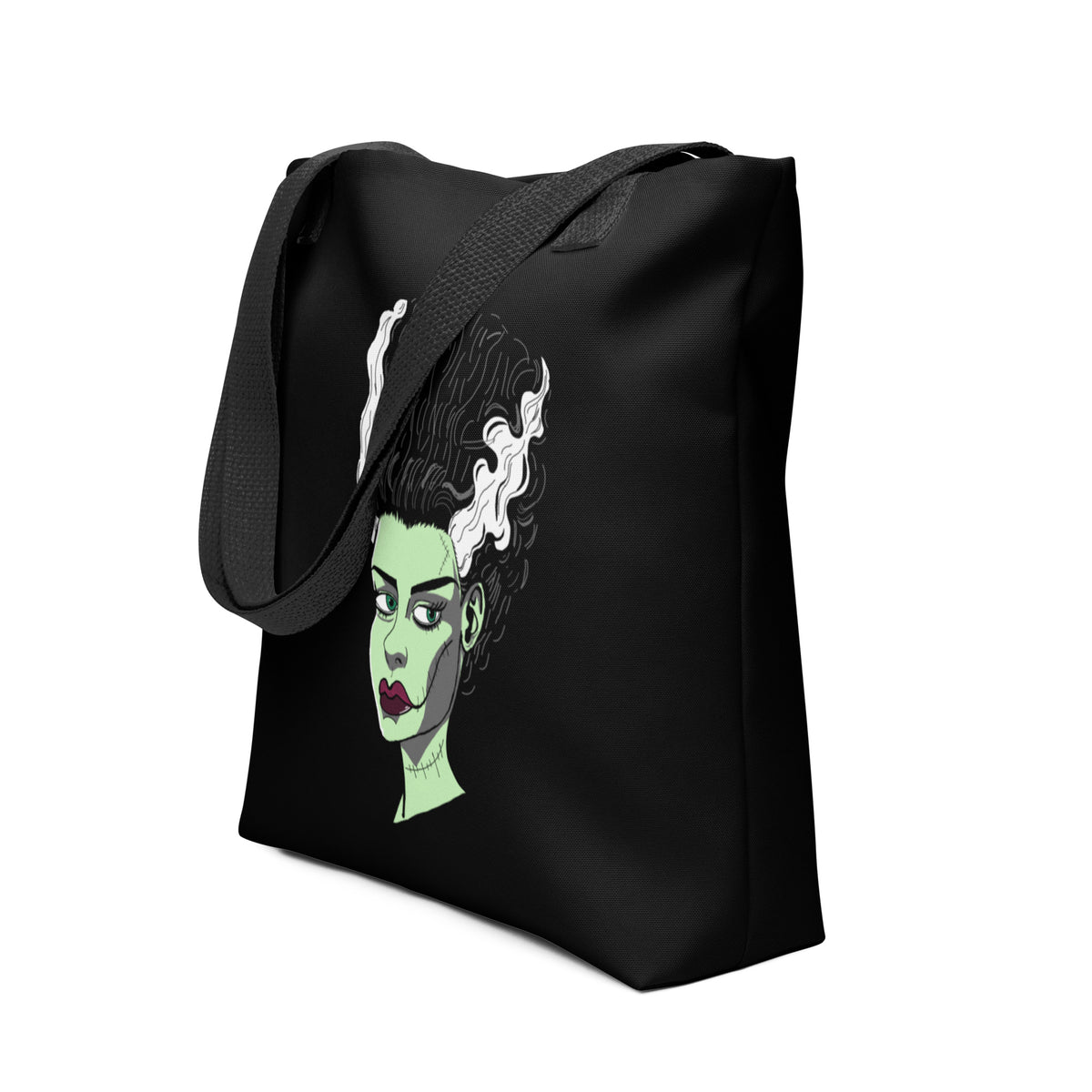 Side angle of the black The Bride tote bag with no model. GrungePup Gallery.