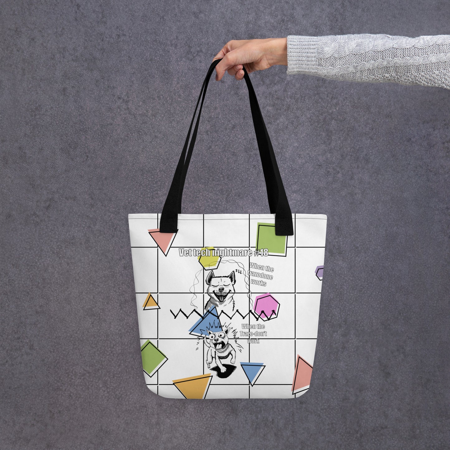 Back view of the Vet Tech Nightmare #18 grid tote bag showing the clean black handles and plain back. Part of the Vet Tech Nightmare series under Vet Chaos.
