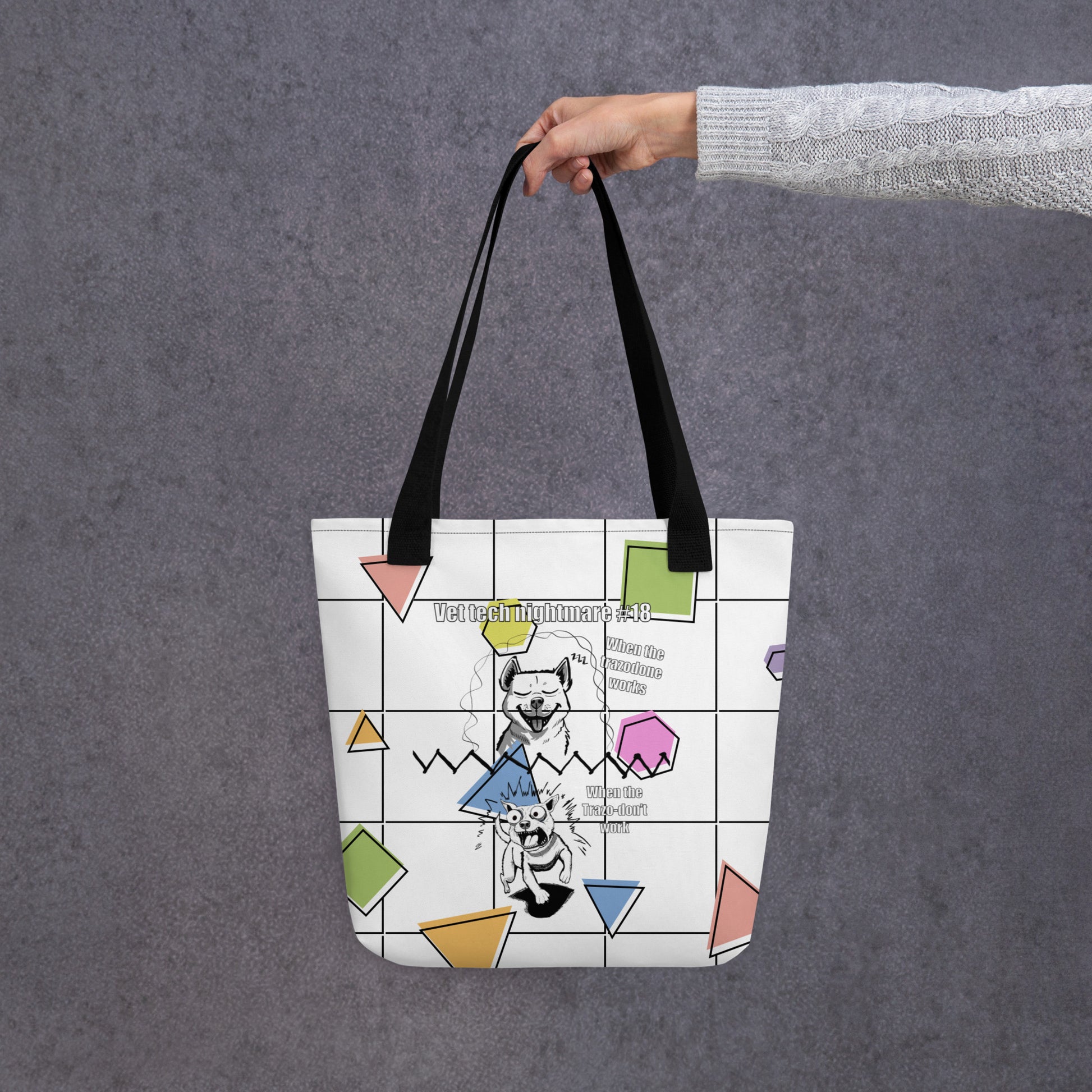Back view of the Vet Tech Nightmare #18 grid tote bag showing the clean black handles and plain back. Part of the Vet Tech Nightmare series under Vet Chaos.